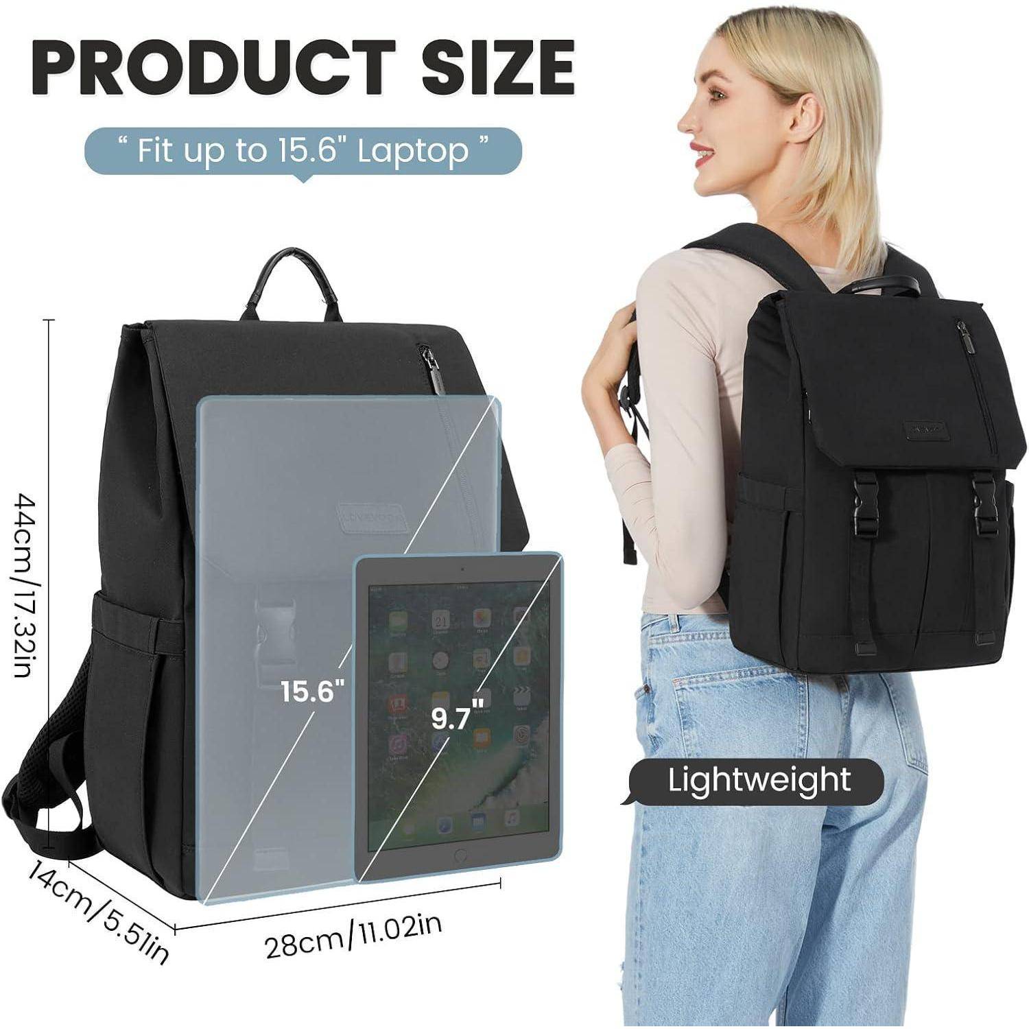 Schwarzer Rucksack mit Abmessungen von 44 cm x 28 cm x 14 cm, geeignet für Laptops bis zu 15,6 Zoll und Tablets bis zu 9,7 Zoll. Merkmale umfassen ein leichtes Design.