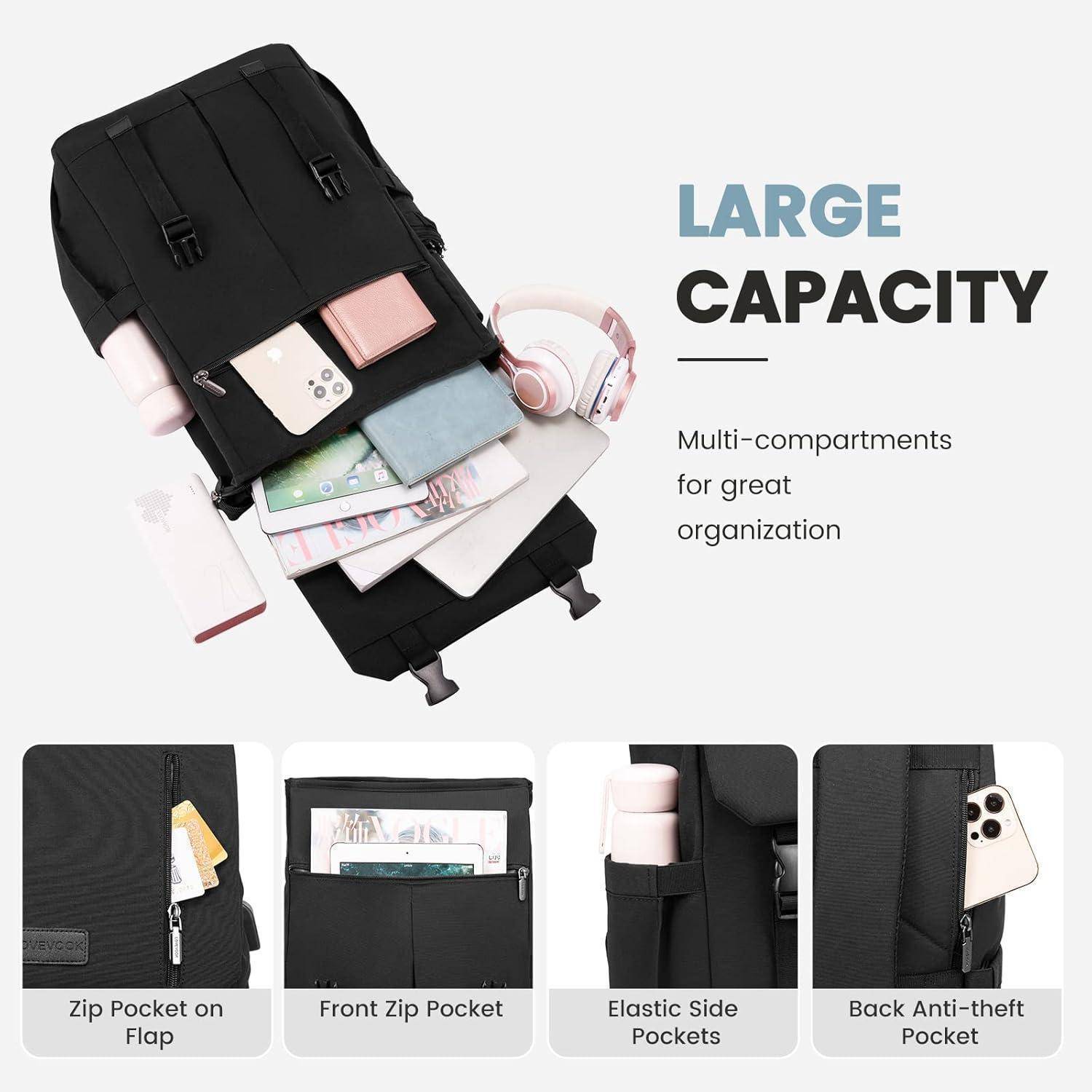 Rucksack mit mehreren Fächern zur Organisation, der verschiedene Gegenstände wie einen Laptop, ein Notizbuch und Kopfhörer trägt. Ausgestattet mit vorderen, seitlichen und hinteren Taschen.
