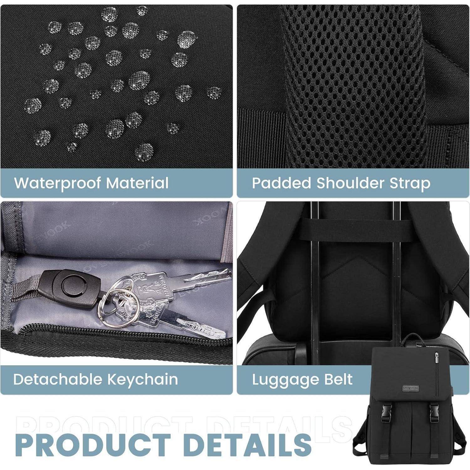 Rucksack-Merkmale: 'Wasserdichtes Material' mit Wassertropfen, 'Gepolsterter Schultergurt', 'Abnehmbarer Schlüsselanhänger' mit Schlüsseln und 'Gepäckgurt'.