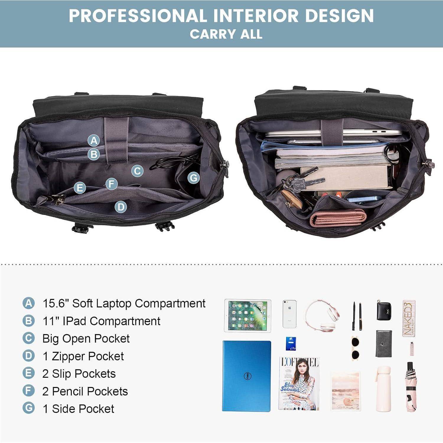 Zwei offene schwarze Taschen zeigen beschriftete Fächer zur Organisation, einschließlich Laptop-, iPad-, Reißverschluss-, Schlitz- und Bleistifttaschen mit verschiedenen Gegenständen. Text lautet: 