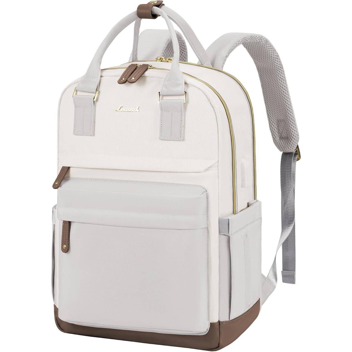 Ein weiß-grauer Rucksack mit mehreren Fächern, braunen Akzenten und zwei Schulterträgern.