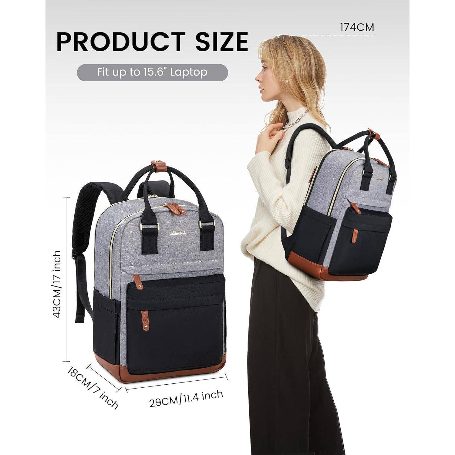 Frau mit einem stilvollen Rucksack mit beschrifteten Maßen: 43 cm hoch, 29 cm breit, 18 cm tief, passt für Laptops bis zu 15,6 Zoll.