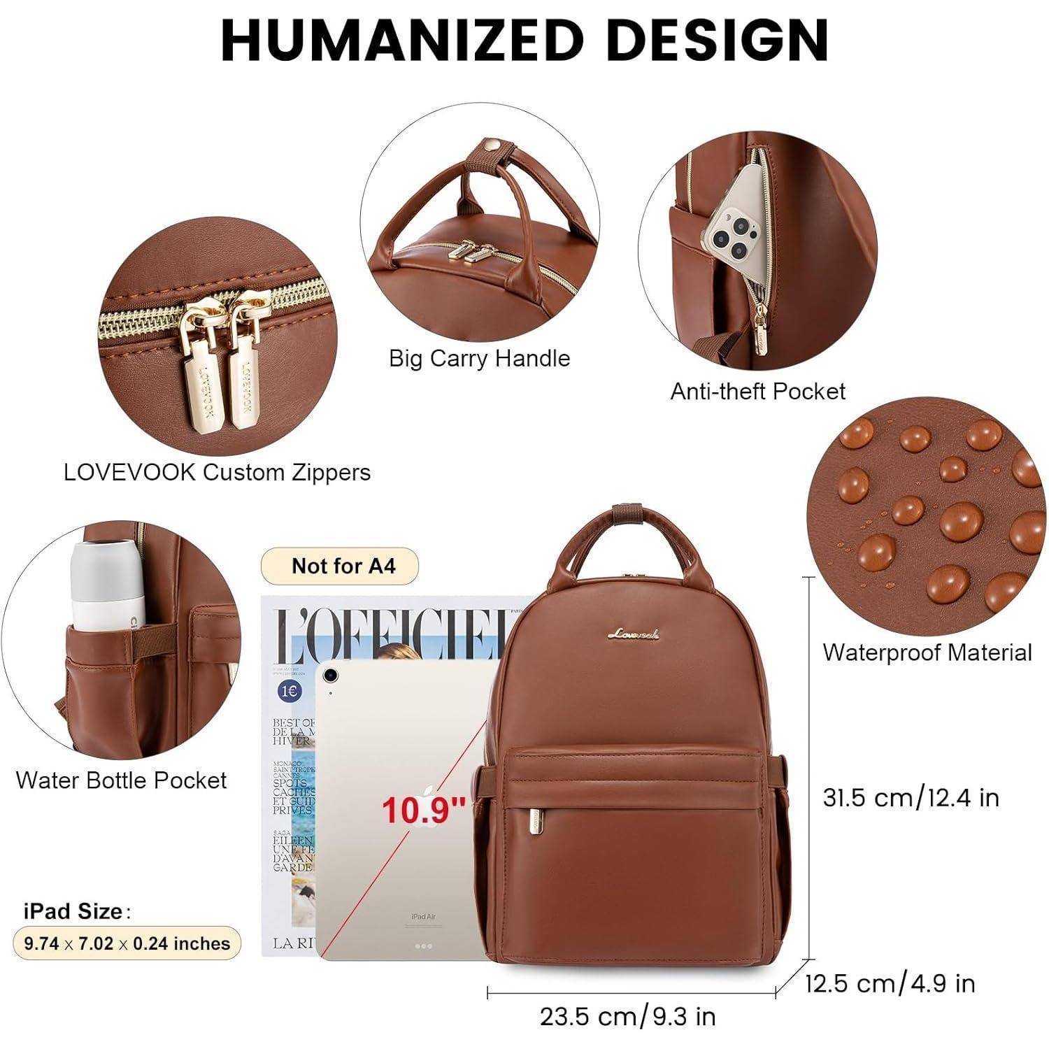 Brauner Rucksack mit gekennzeichneten Merkmalen: Custom-Reißverschlüsse, großer Tragegriff, Diebstahlschutz-Tasche, Wasserflaschentasche, wasserdichtes Material und iPad-Passform/Größenmessungen.