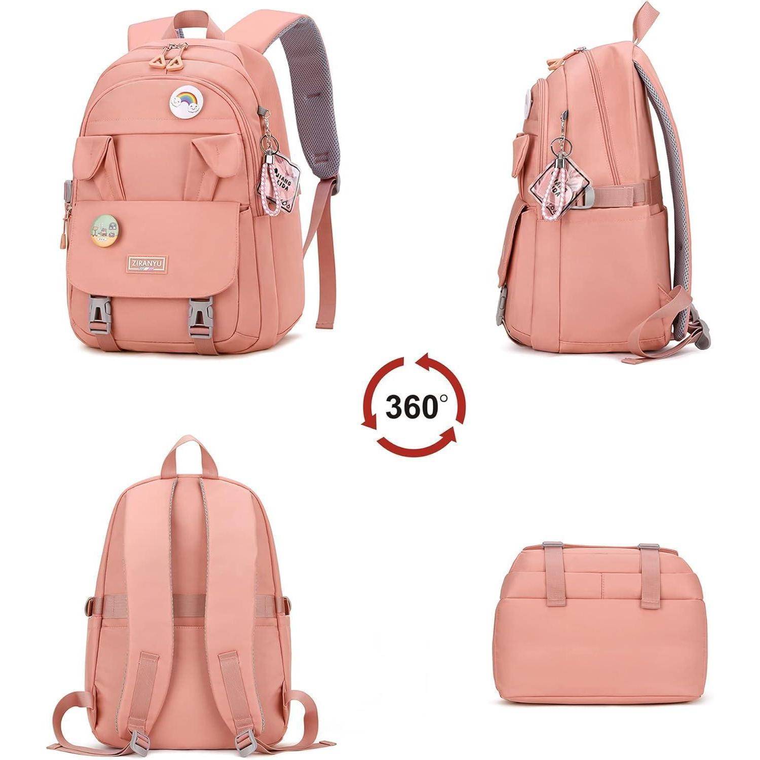 Vier Ansichten eines rosa Rucksacks mit mehreren Fächern und Riemen, gezeigt von vorne, der Seite, hinten und von unten, die eine 360-Grad-Sichtbarkeit verdeutlichen.