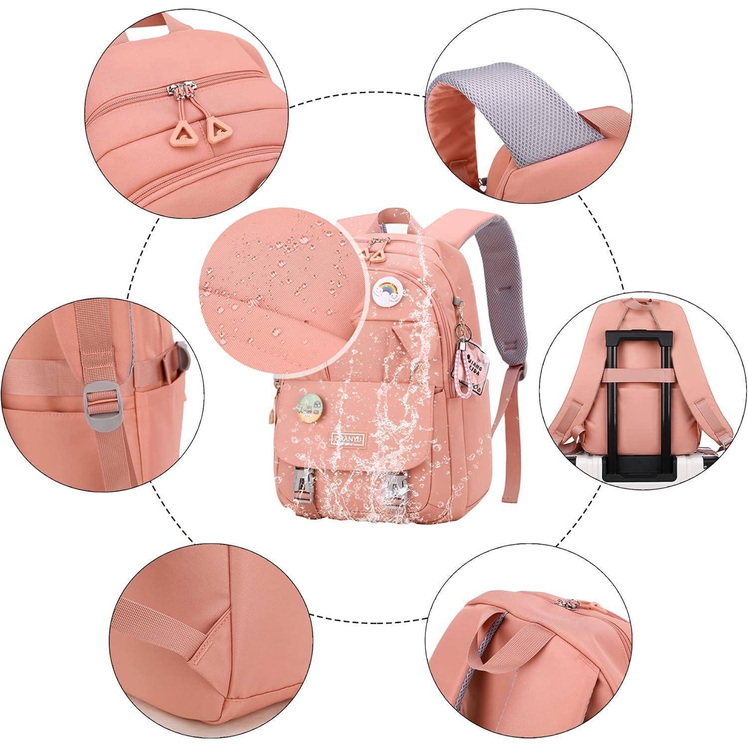 Rosa Rucksack mit mehreren Fächern, verstellbaren Trägern, Diebstahlschutz-Tasche, strapazierfähigem Stoff und verstärktem Griff, dargestellt durch detaillierte Detailansichten.