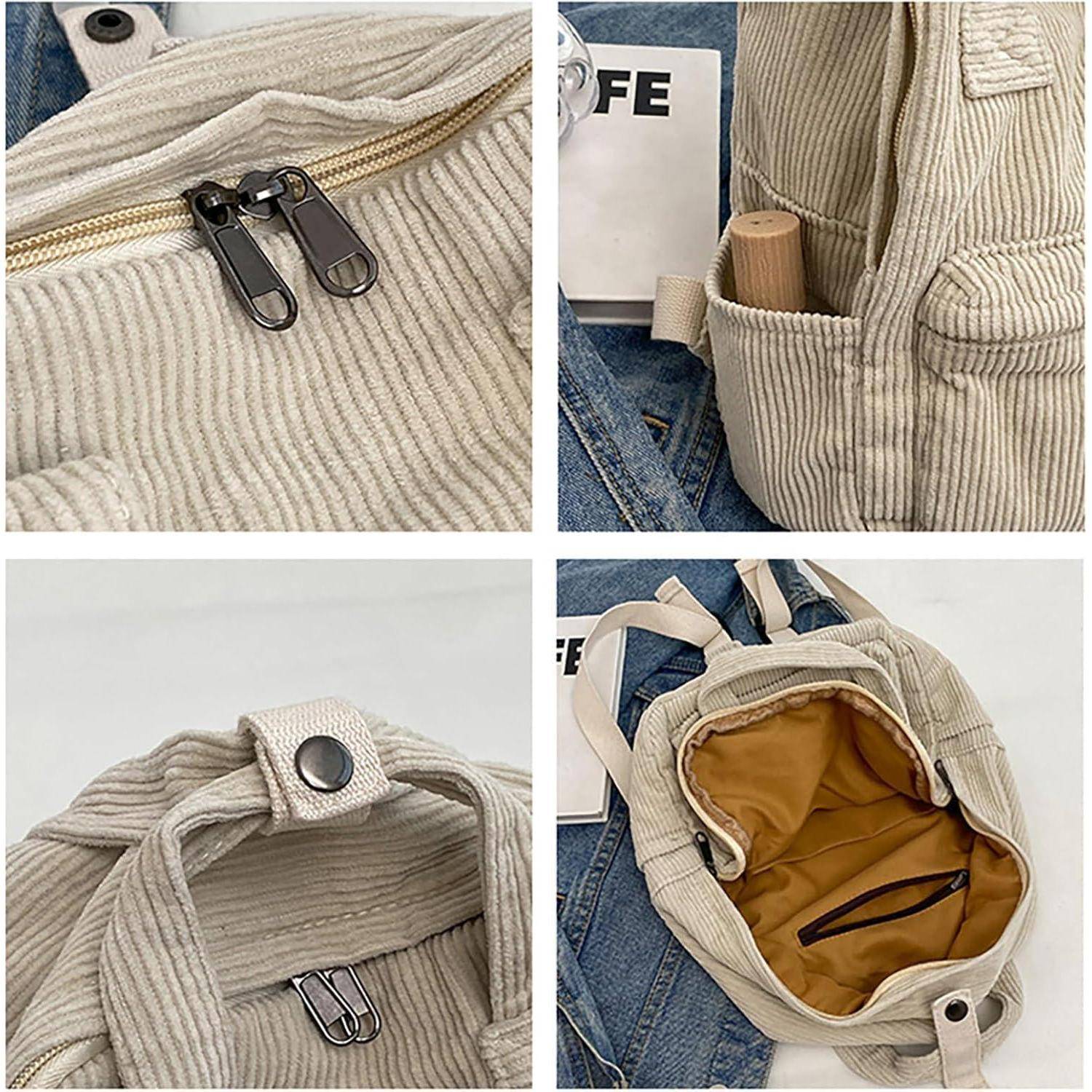 Eine Collage aus vier Bildern, die Details eines beigen Cordbackrucks zeigen, einschließlich Reißverschlüsse, einer Knopfverschluss, Innenfutter und Seitentasche.