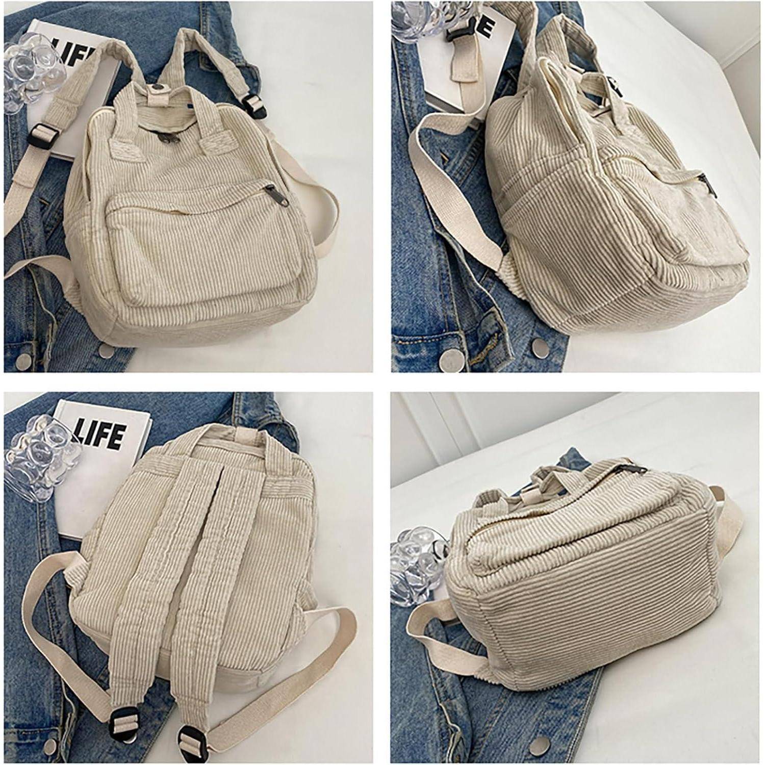 Ein beiger Cordrucksack wird aus verschiedenen Blickwinkeln gezeigt, auf einer blauen Jeansjacke platziert, in der Nähe einer Zeitschrift mit dem Titel 