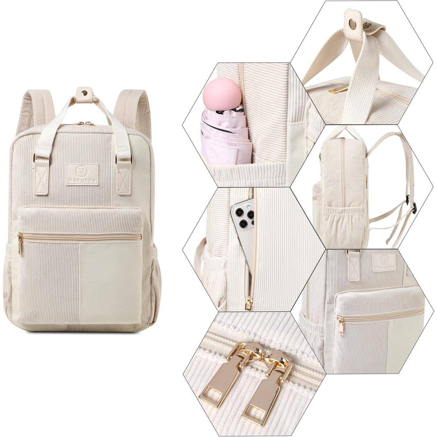 Beiger Rucksack mit mehreren Taschen abgebildet. Zu den Funktionen gehören verstellbare Träger, ein seitlicher Flaschenhalter, robuste Reißverschlüsse und eine Techniktasche.