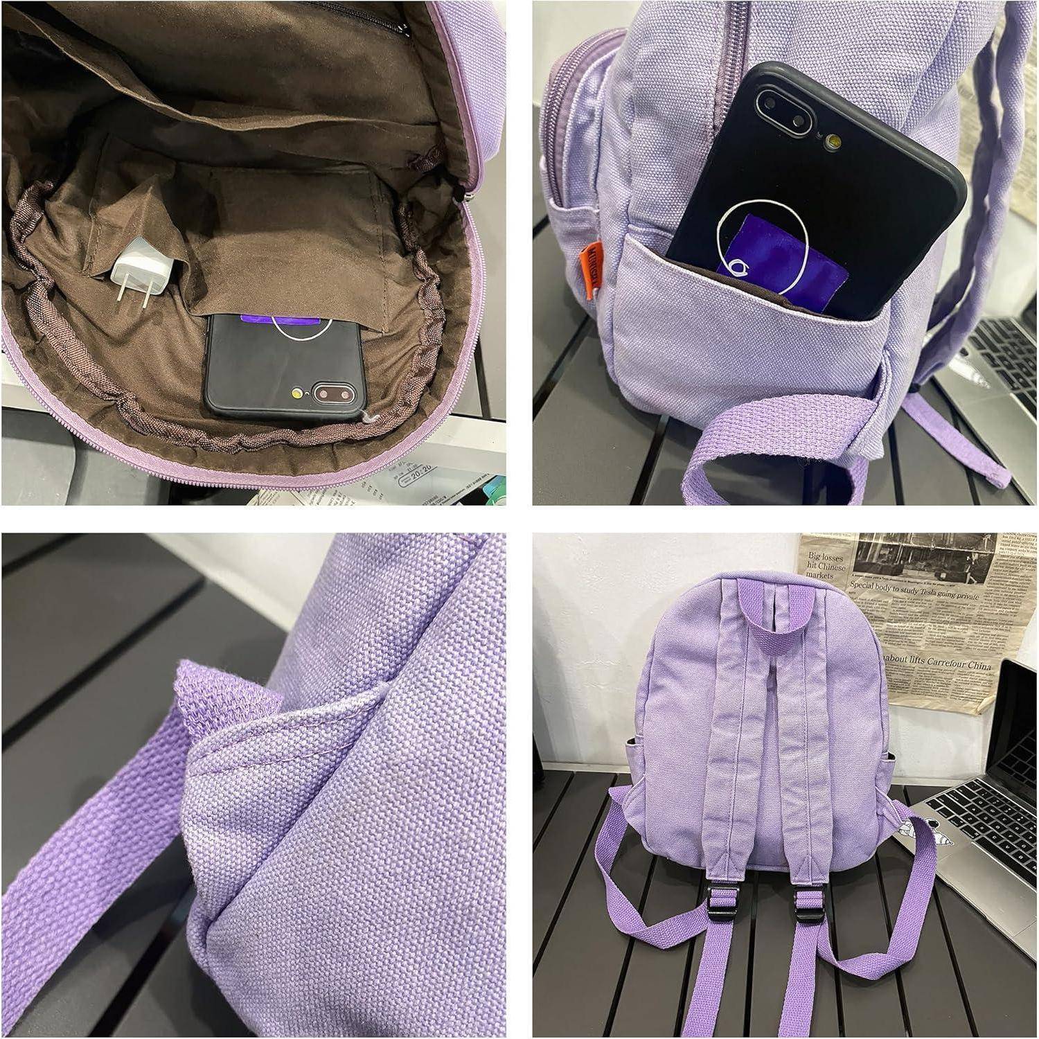 Collage eines lila Rucksacks mit einem Organizer-Fach, das ein Handy enthält, einem offenen Inneren mit einem Ladegerät, verstellbaren Trägern und der Rückansicht.