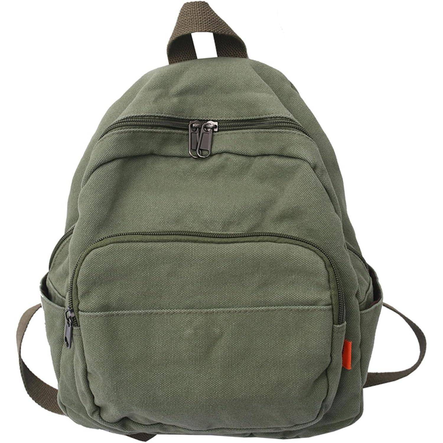 Grüner Rucksack mit mehreren Reißverschluss-Fächern und einer Seitentasche.