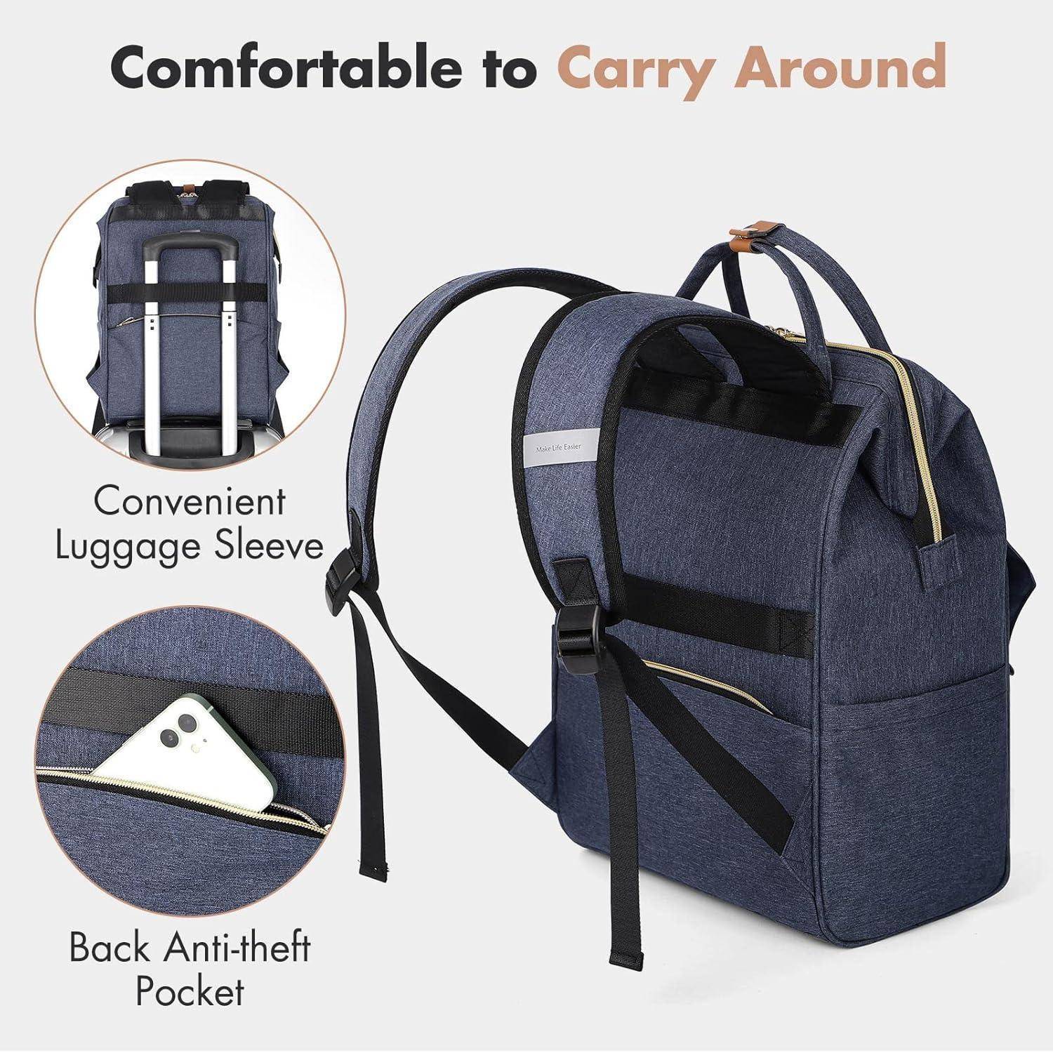 Dunkelblauer Rucksack mit Gepäcktasche und einer diebstahlsicheren Rückentasche. Text lautet: 