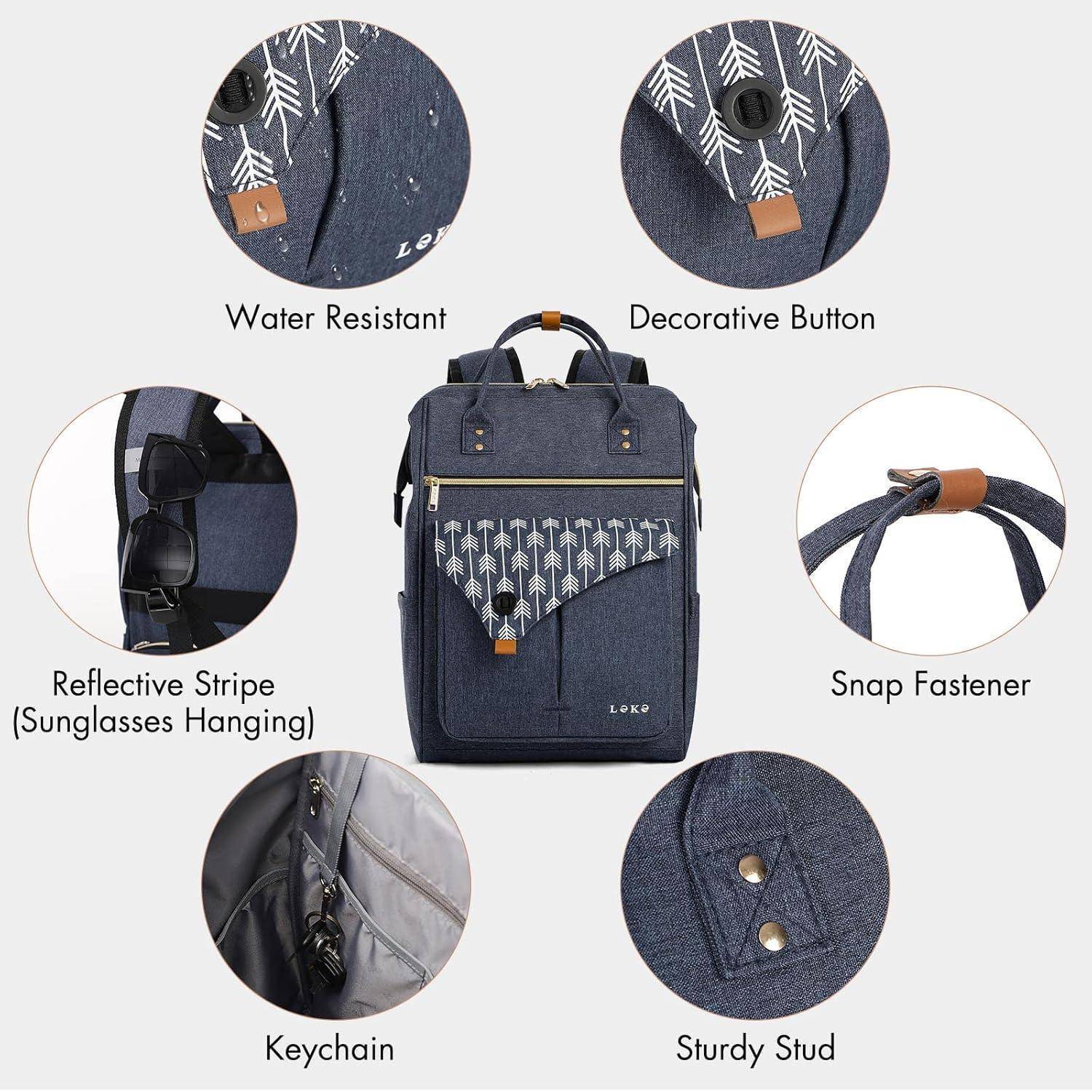 Rucksack mit Wasserresistenz, dekorativer Knopf, reflektierender Streifen für Sonnenbrille, Schlüsselanhänger, Druckknopf und robuster Öse.