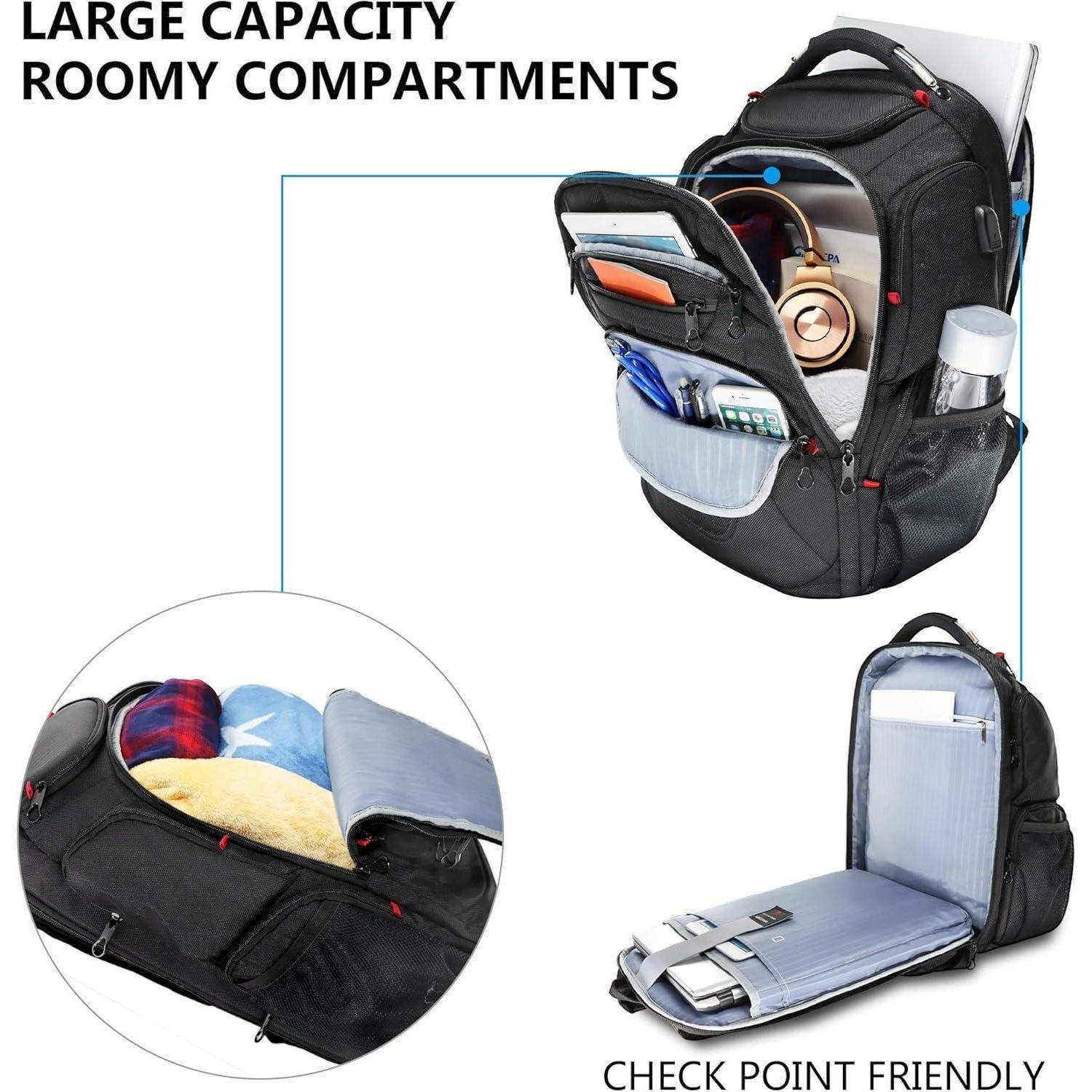 Ein Foto eines Rucksacks mit großem Fassungsvermögen, das seine verschiedenen Fächer mit Gegenständen gefüllt zeigt. Der Text lautet: ‚Großes Fassungsvermögen, geräumige Fächer, flughafentauglich.