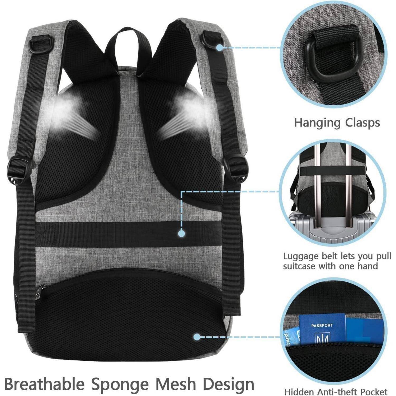 Rucksack mit atmungsaktivem Netzdesign, ausgestattet mit Hängehaken, einem Gepäckgurt für einfache Handhabung und einer versteckten Diebstahlschutz-Tasche für Wertgegenstände.