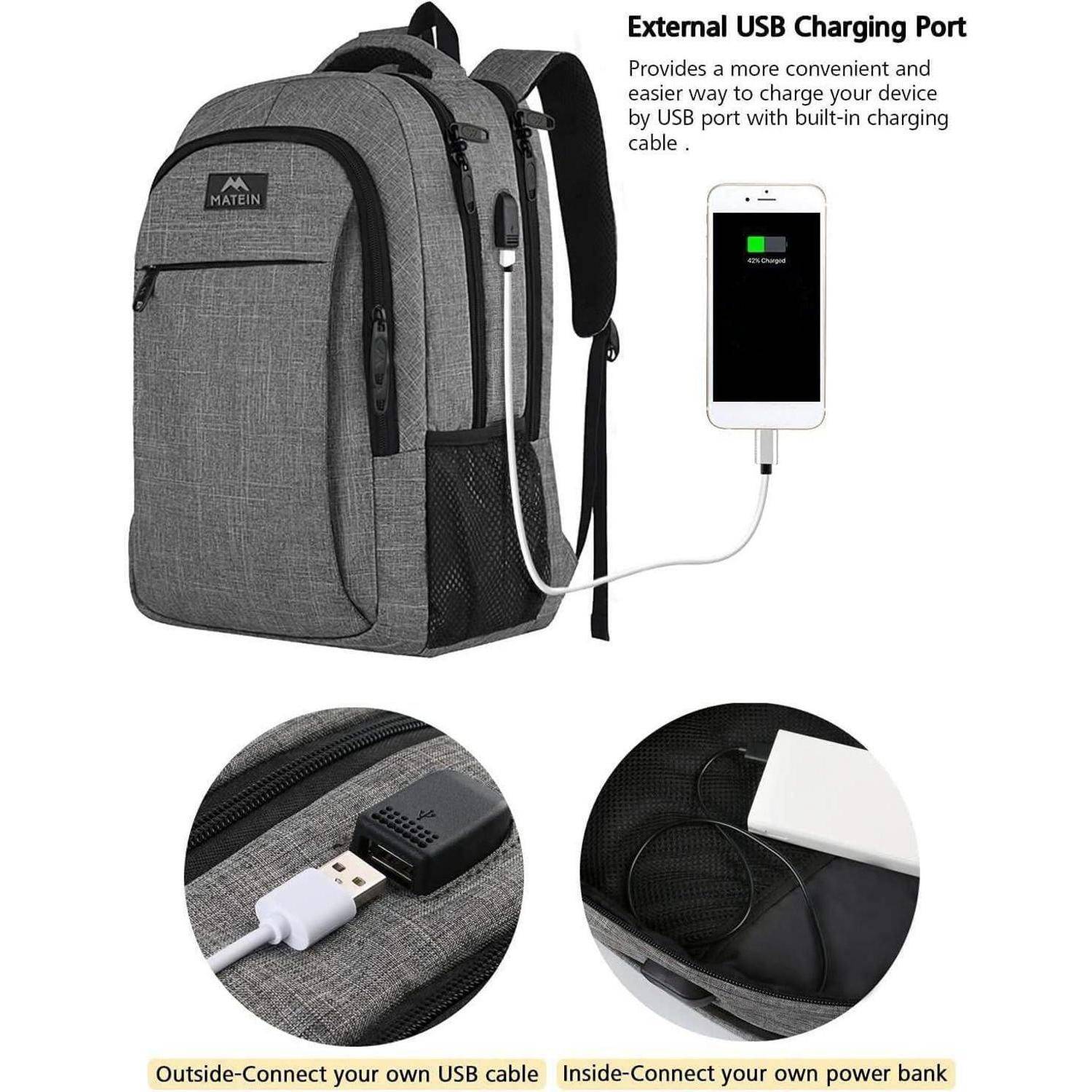 Ein grauer Rucksack mit einer externen USB-Ladebuchse. Ein Telefon lädt über ein Kabel. Kreisförmige Einlagen zeigen USB-Anschlüsse.