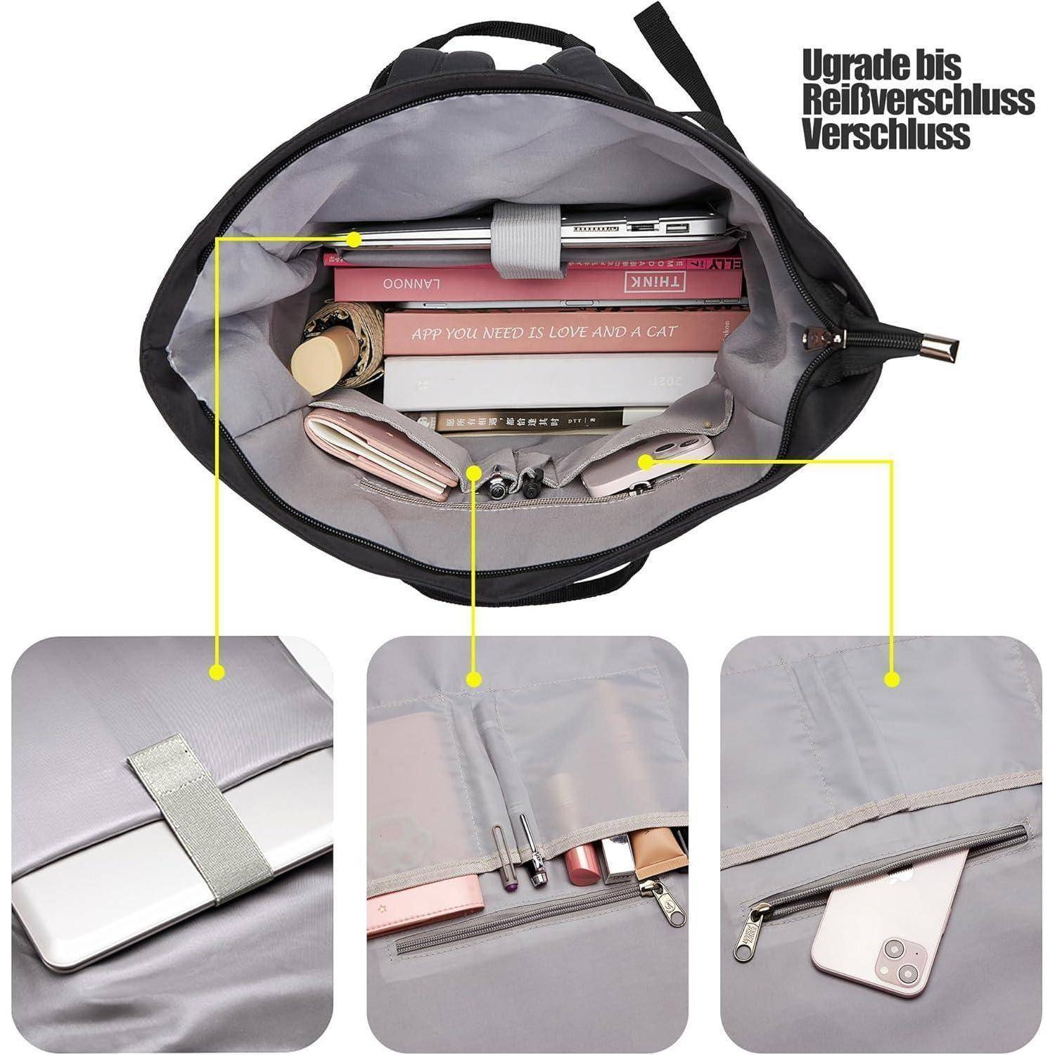 Offener Rucksack, der organisierte Innenfächer präsentiert: Laptopfach, Bücher, Handy, Stifte, Kosmetik. Text auf Deutsch lautet: 