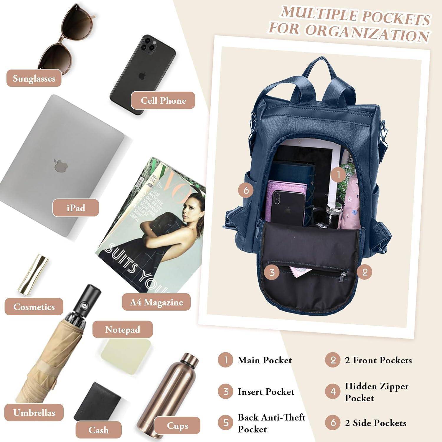 Ein Rucksack mit organisierten Fächern zeigt Gegenstände wie ein iPad, Sonnenbrille und eine Wasserflasche und hebt dabei die Effizienz der Verstaummöglichkeiten hervor.