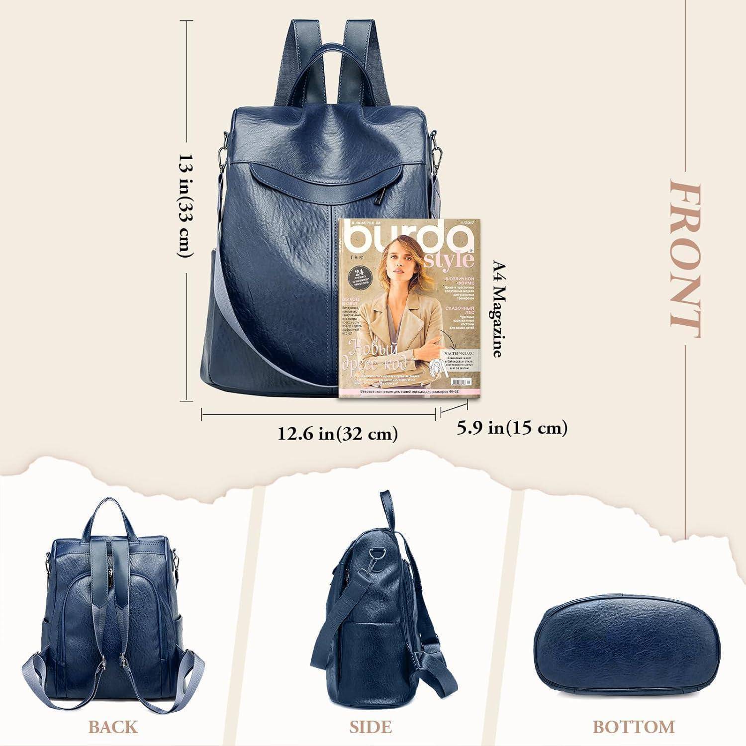 Blauer Lederrucksack mit Vorder-, Rück-, Seiten- und Unteransicht. Eine Zeitschrift passt hinein und demonstriert die A4-Größenkompatibilität. Verstellbare Trageriemen.