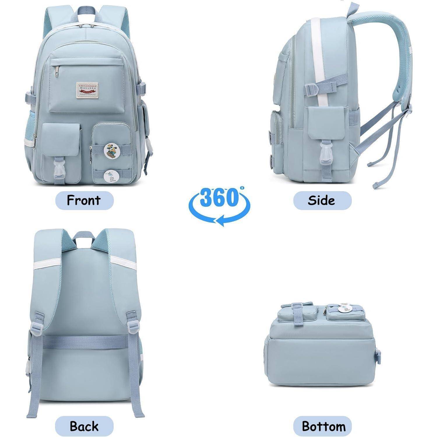 Hellblauer Rucksack aus verschiedenen Perspektiven dargestellt: von vorne, von der Seite, von hinten und von unten, wobei seine Fächer und Eigenschaften präsentiert werden.