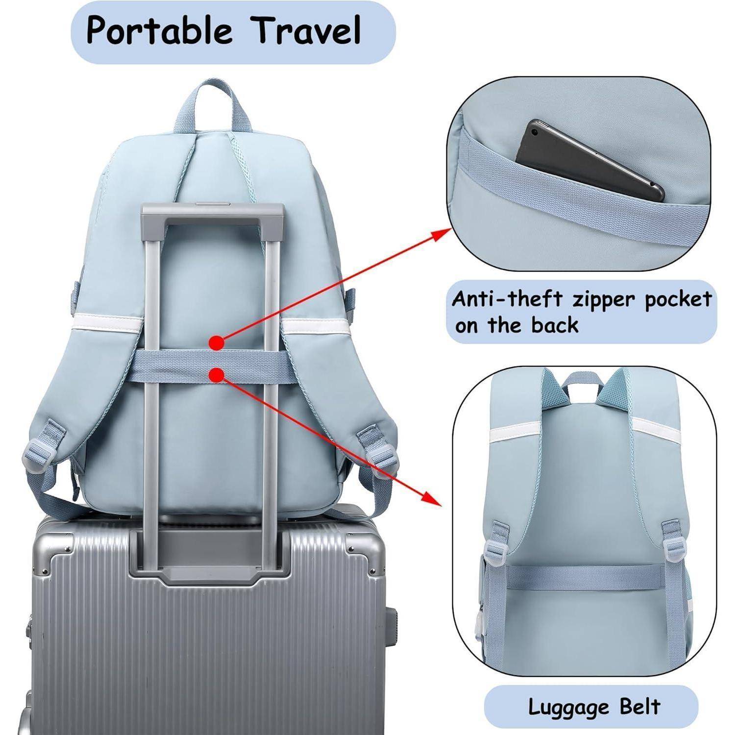 Tragbarer Reiserucksack: Blauer Rucksack auf Koffer, ausgestattet mit einem diebstahlsicheren Reißverschlussfach und einem Koffergurt für sicheres und bequemes Reisen.