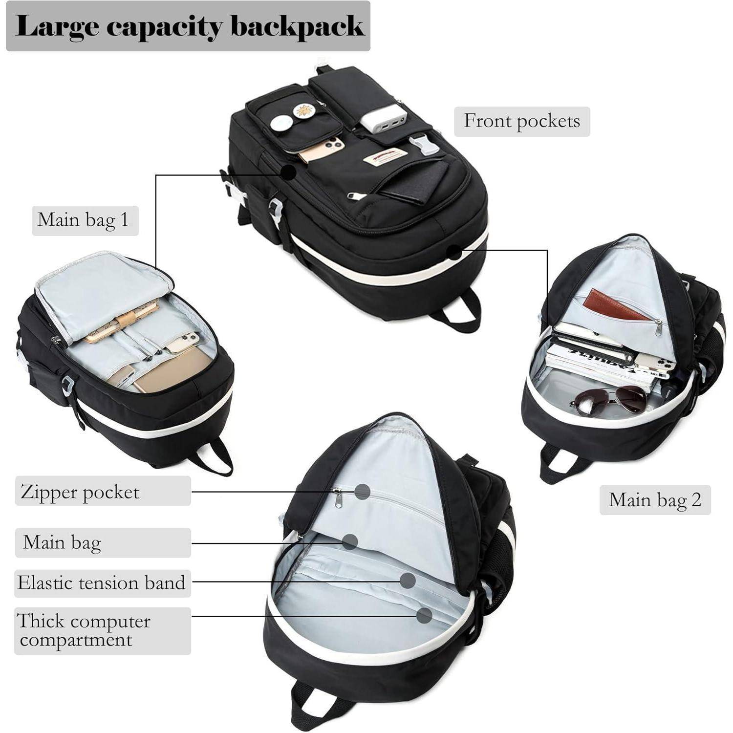 Großvolumiger Rucksack mit Hauptfach 1 für Notizbücher, Vordertaschen für kleine Gegenstände, Reißverschlusstasche, Hauptfach, Gummiband, dickem Computerkompartiment und Hauptfach 2 für Dokumente.