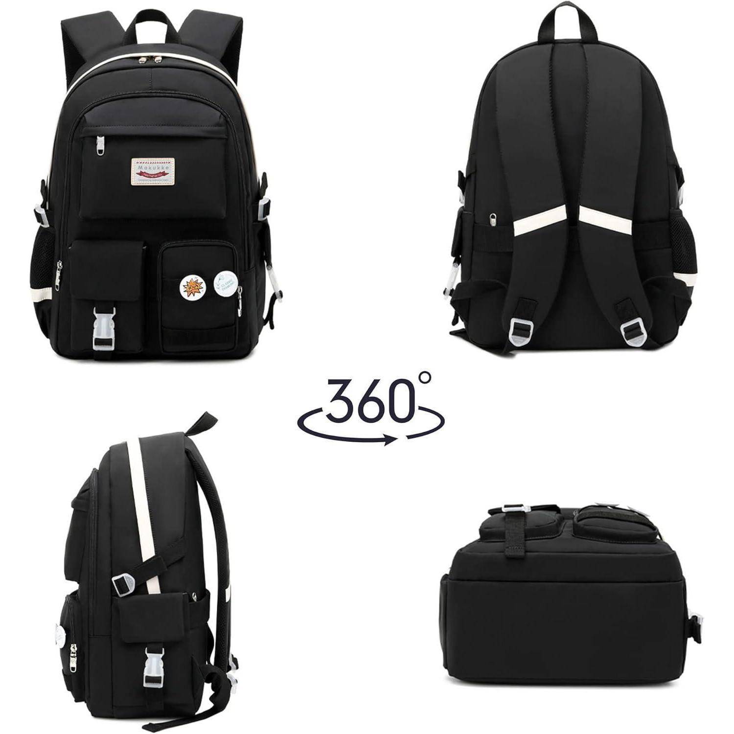 Schwarzer Rucksack aus vier verschiedenen Blickwinkeln gezeigt: von vorne, hinten, der Seite und von unten. Merkmale umfassen mehrere Taschen und dekorative Patches.