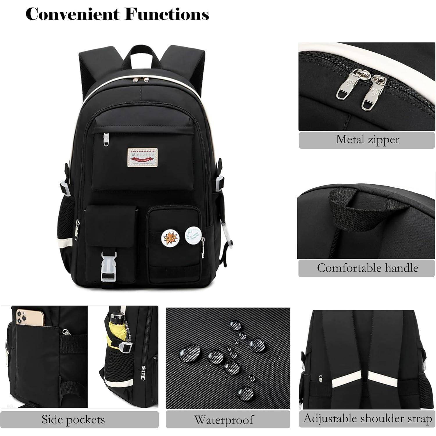 Schwarzer Rucksack mit Metallreißverschluss, bequemem Griff, Seitentaschen, wasserdichter Ausstattung und verstellbaren Schultergurten.