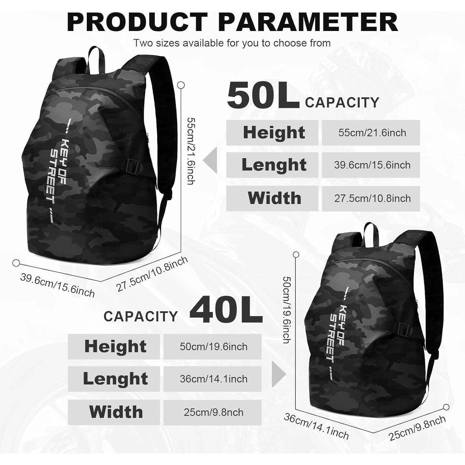Bild zeigt zwei Tarnrucksäcke mit Größenangaben: 50L und 40L. Der 50L-Rucksack ist 55 cm hoch, 39,6 cm breit und 27,5 cm tief. Der 40L-Rucksack ist 50 cm hoch, 36 cm breit und 25 cm tief.