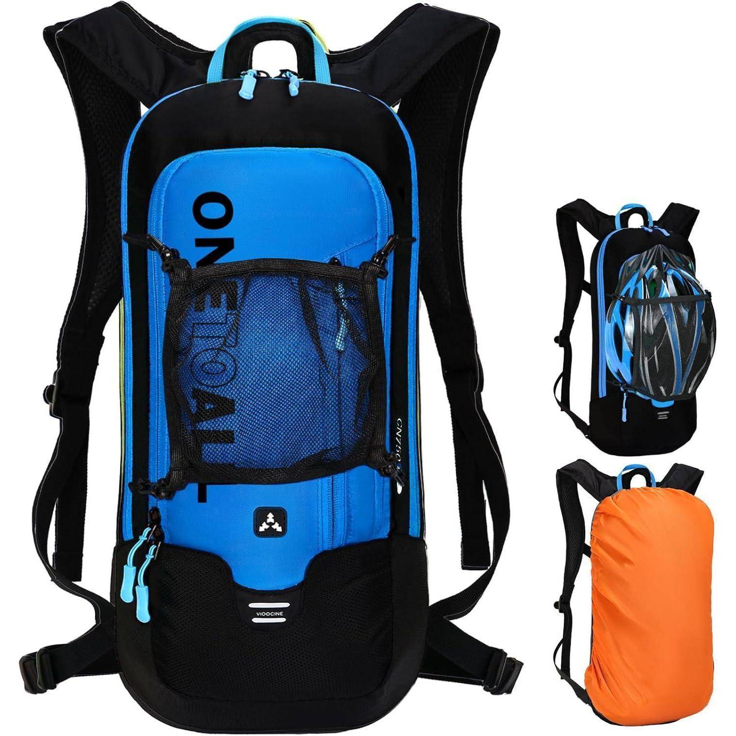 Blauer und schwarzer Hydration-Rucksack mit Mesh-Vordertasche und verstellbaren Trägern; gezeigt mit zwei alternativen Designs in Orange und Blau.
