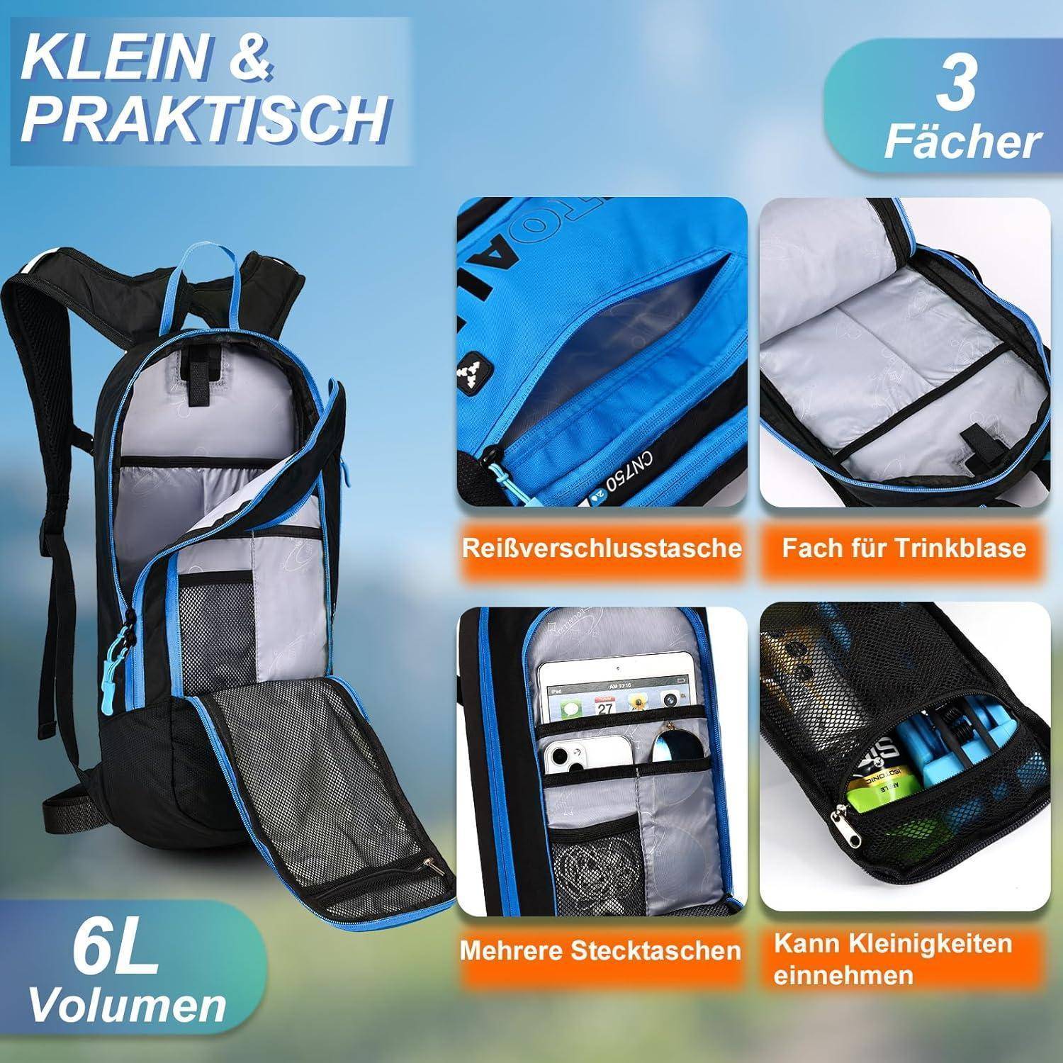 Ein blau-schwarzer Rucksack mit mehreren Fächern, darunter eine Reißverschlusstasche, eine Hydrationstasche und Abteile für kleine Gegenstände. 6 Liter Volumen.