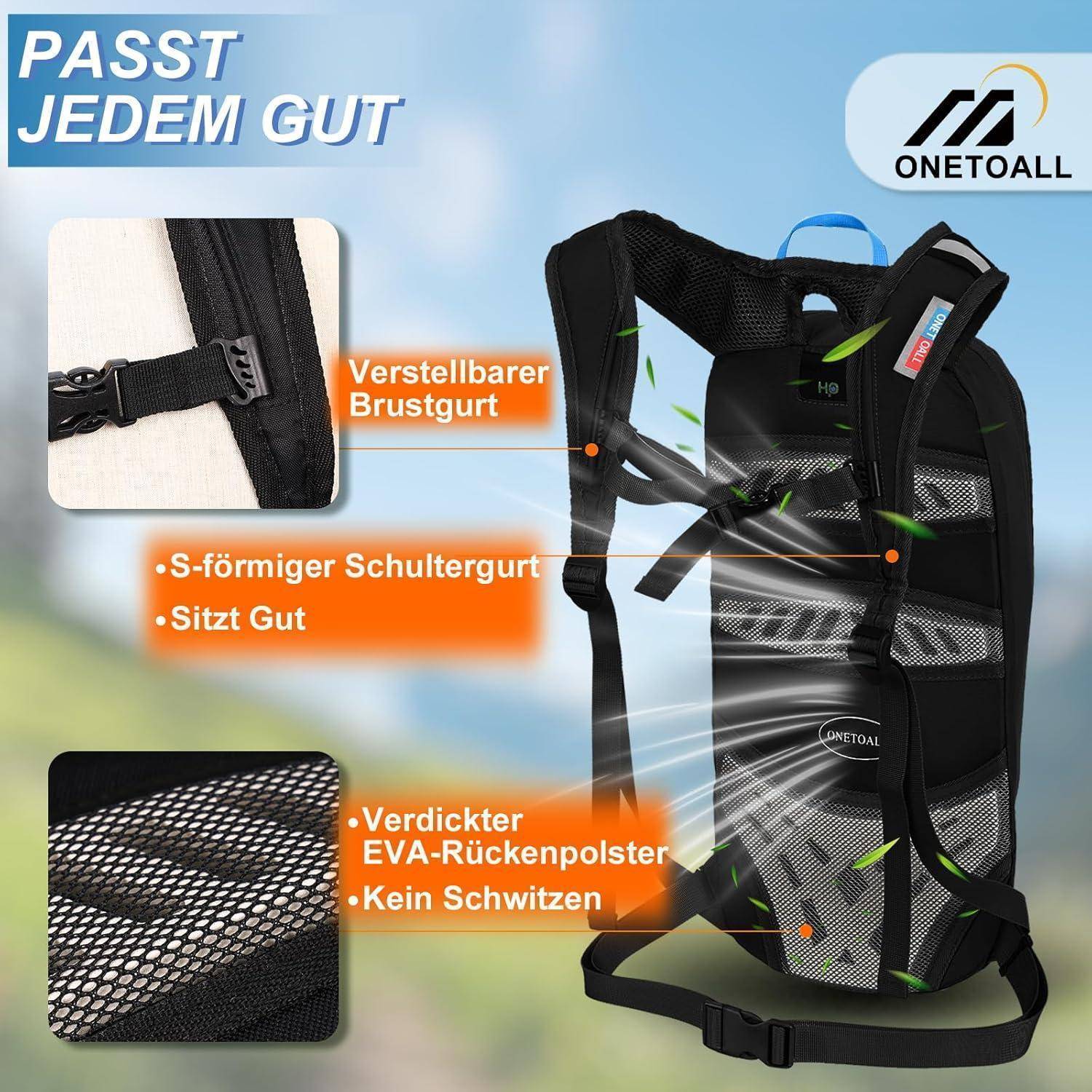 Ein Rucksack mit verstellbarem Brustgurt, S-förmigen Schultergurten und dicker EVA-Rückenpolsterung. Der Text hebt Komfortmerkmale und Passform hervor.