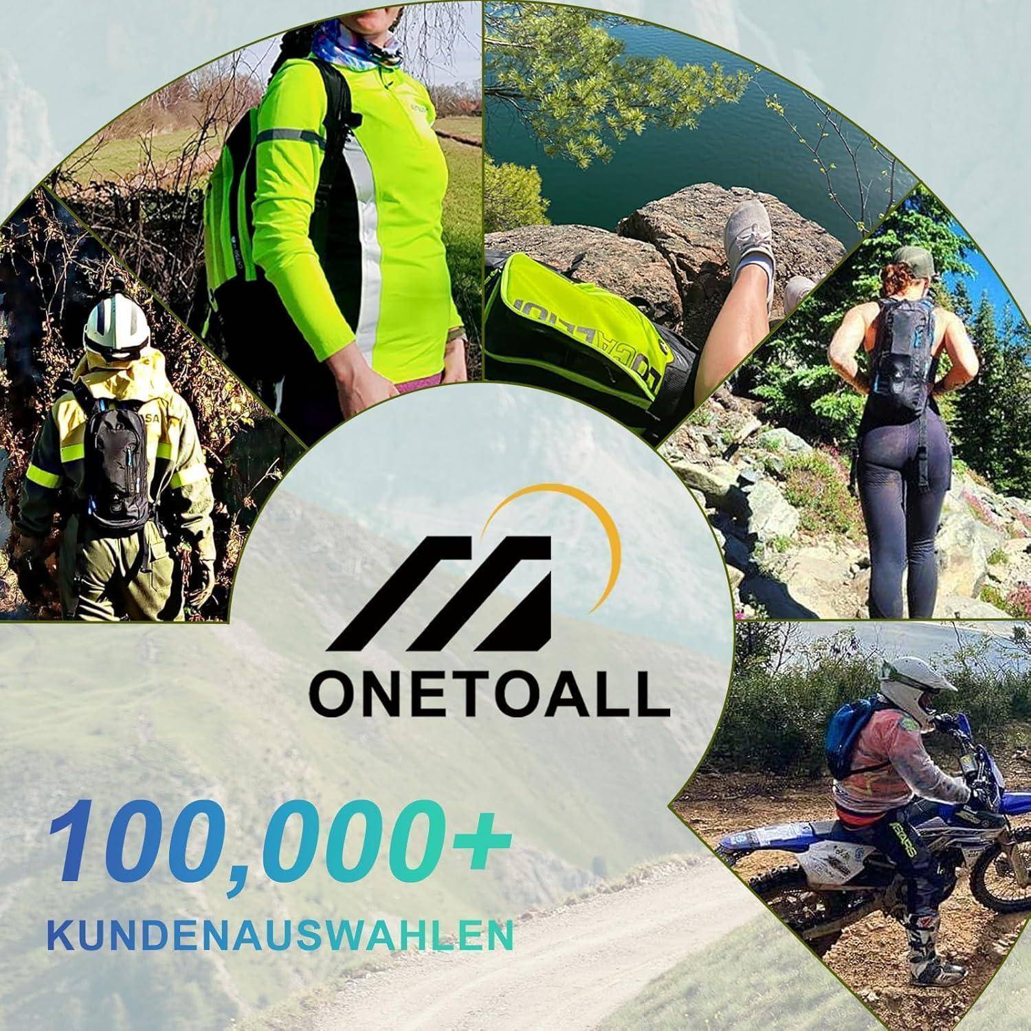 Das Bild zeigt eine Collage von Outdoor-Aktivitäten, darunter Wandern und Radfahren. Das 'ONETOALL' Logo ist mittig platziert mit dem Text '100.000+ KUNDENAUSWAHLEN' darunter.