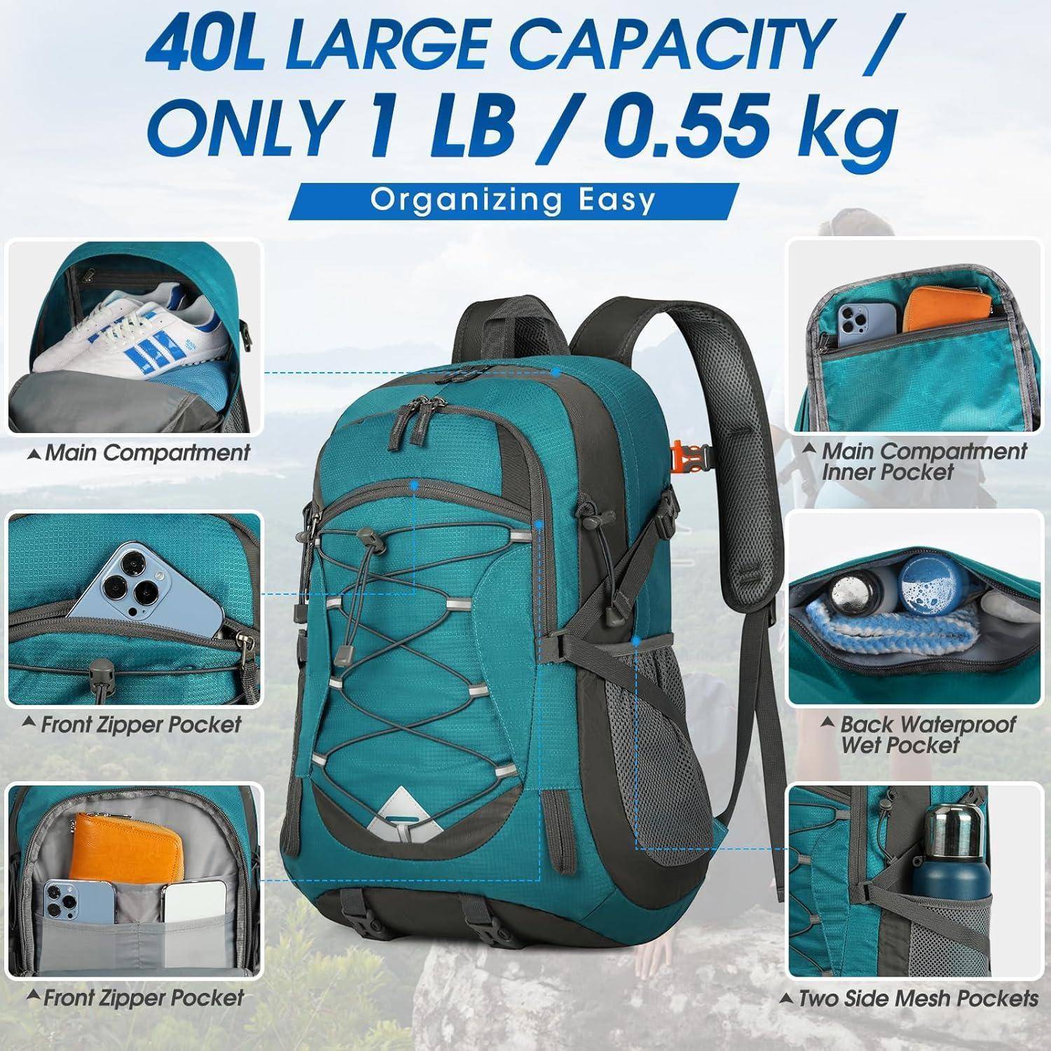 Wanderrucksack 40L Damen Herren Leicht Wasserdicht Faltbar