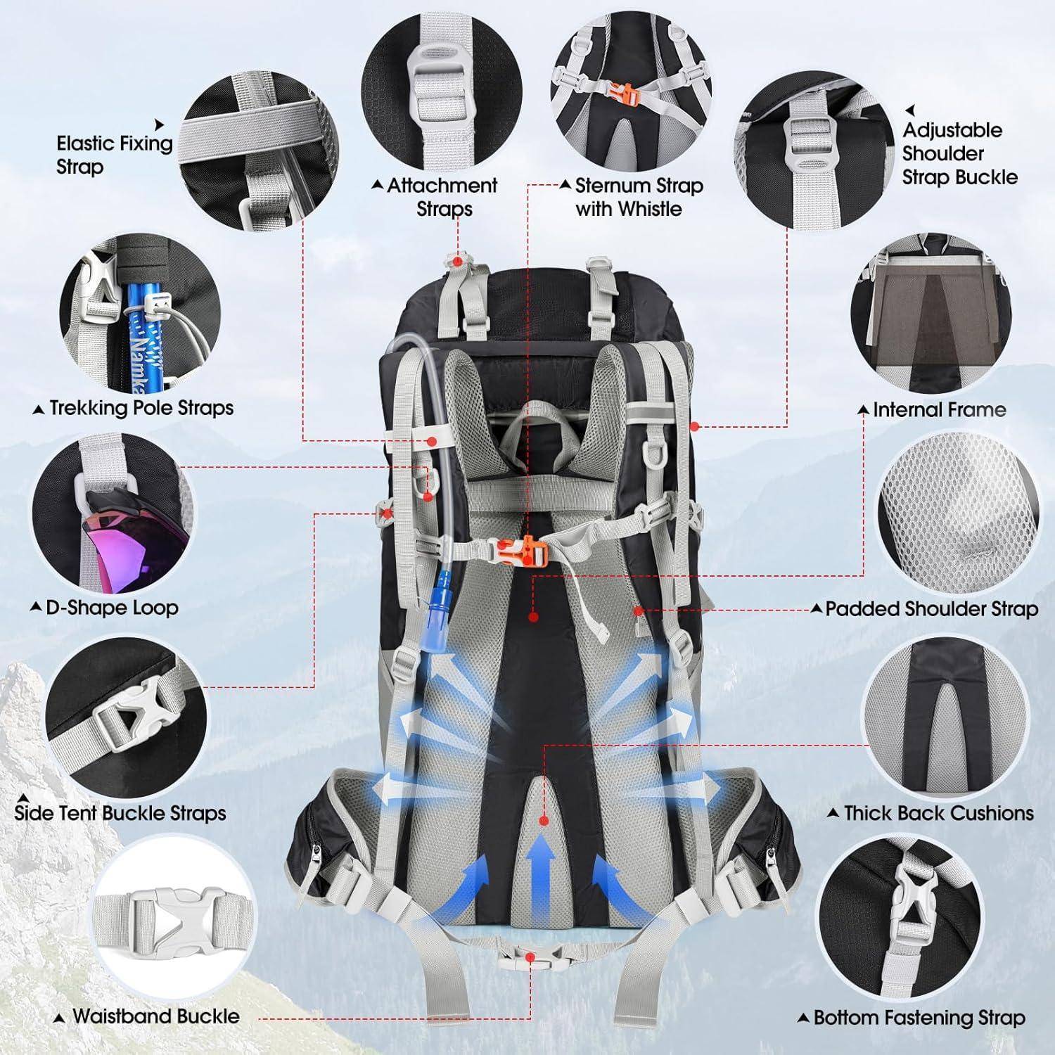 Wanderrucksack 60L Herren Damen Trekkingrucksack Wasserdicht Schwarz