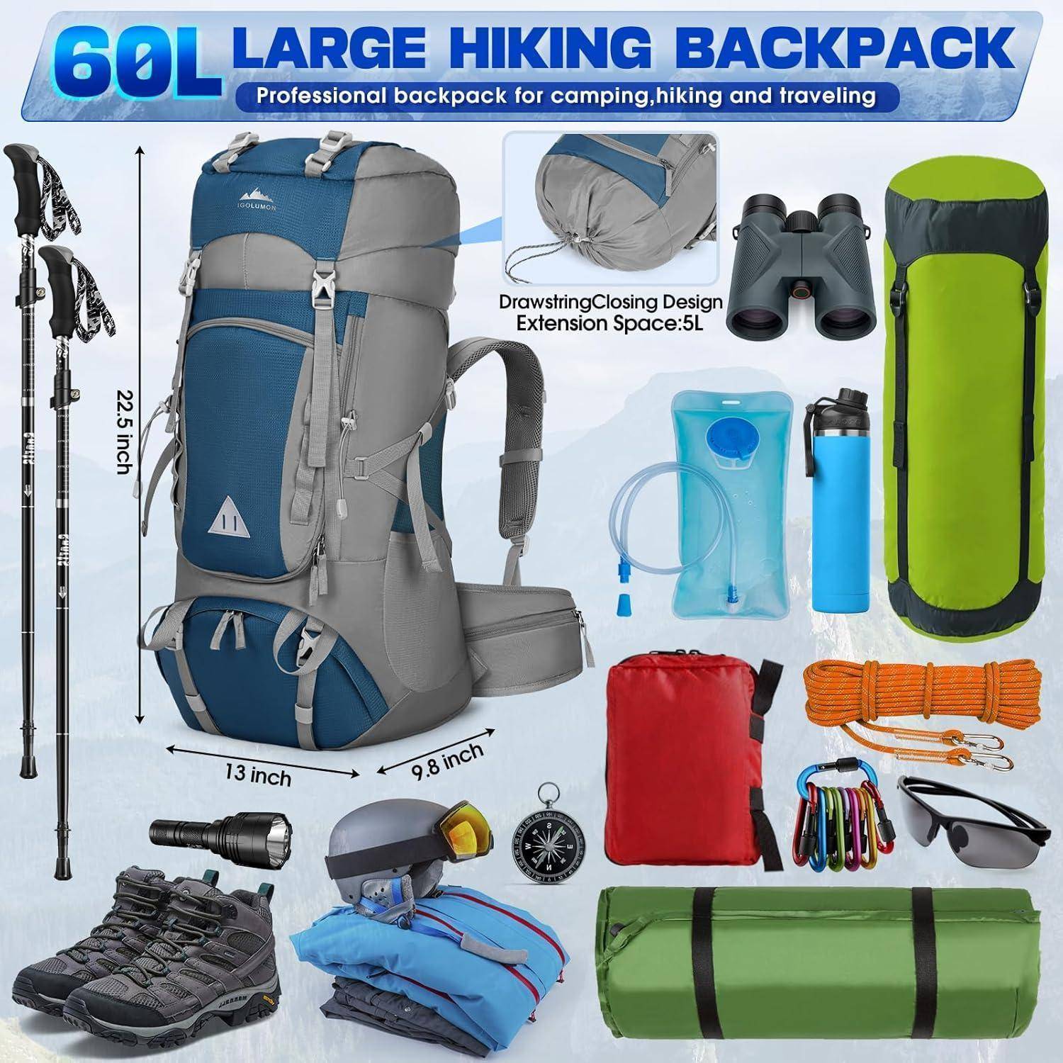 Trekkingrucksack 60L Wanderrucksack Herren Damen Reisetasche Outdoor