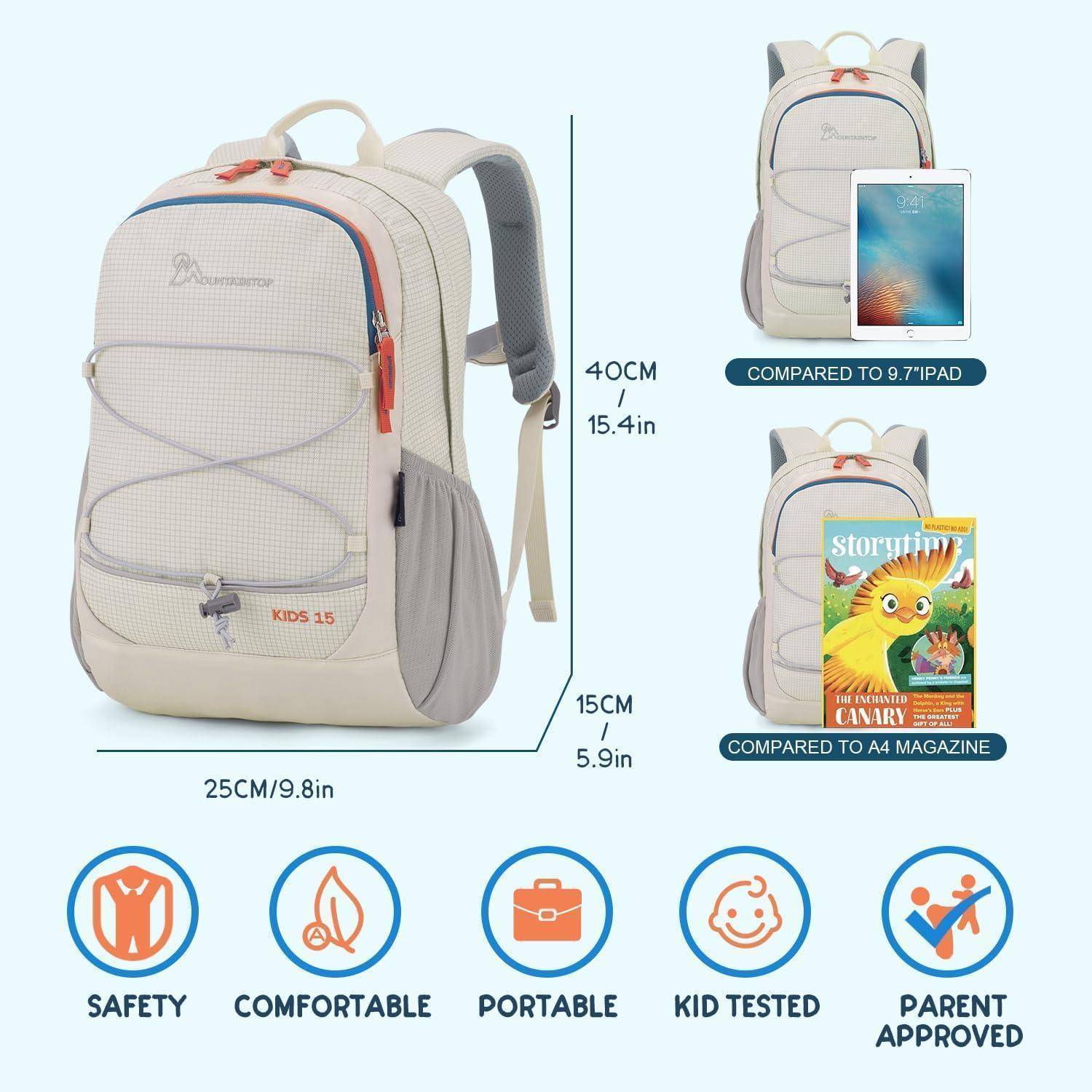 Ein beiger Kinderrucksack, 40 cm hoch und 25 cm breit, zum Größenvergleich neben einem Tablet und einer Zeitschrift. Merkmale: Sicherheit, Komfort, Tragbarkeit, kindererprobt, von Eltern empfohlen.