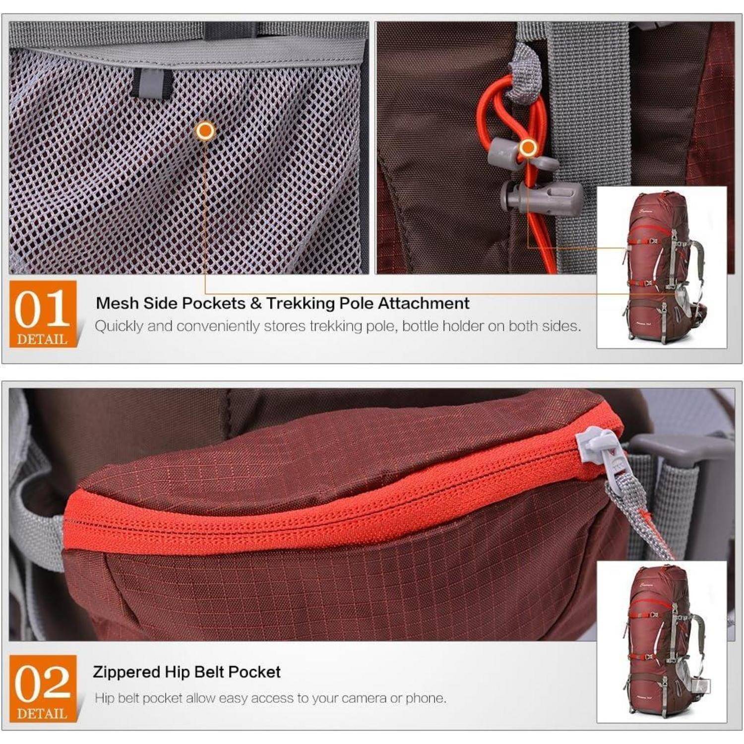 01 Detail: Mesh-Seitentaschen & Befestigung für Trekkingstöcke' - Aufbewahrung für Trekkingstöcke und Flasche. '02 Detail: Reißverschluss-Hüfttasche' - Einfacher Zugriff auf Kamera oder Handy.