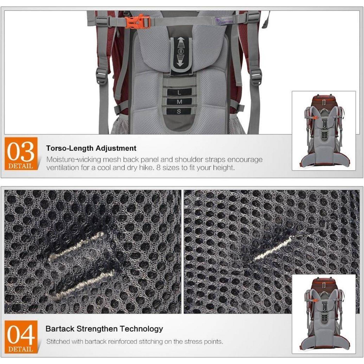 Der '03 Detail'-Abschnitt zeigt die Längenanpassung des Torsos mit einem feuchtigkeitsableitenden Netzeinsatz. Der '04 Detail'-Abschnitt hebt die Verstärkungsnähte für Haltbarkeit hervor.