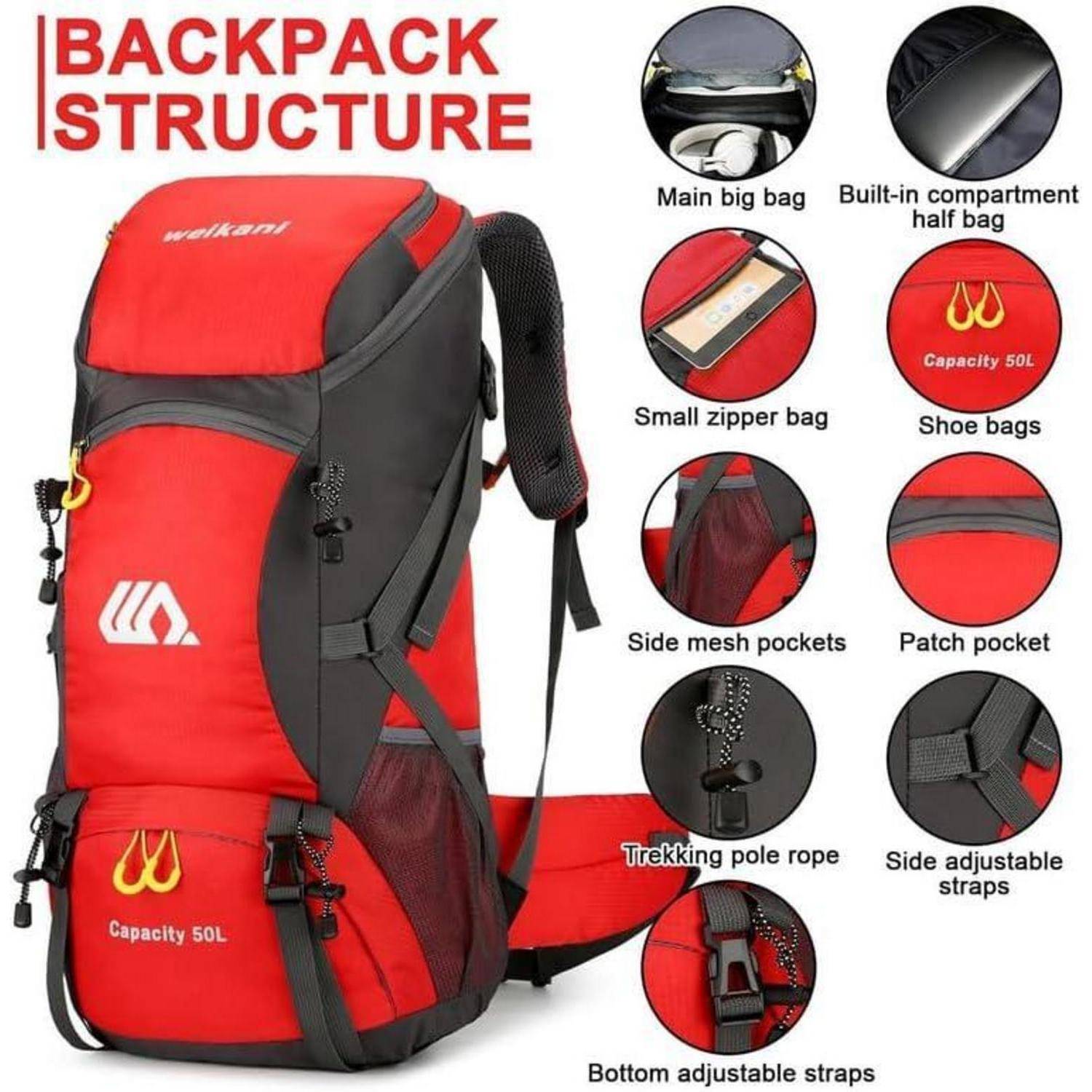 Wanderrucksack 50L Trekkingrucksack Wasserdichter Campingrucksack