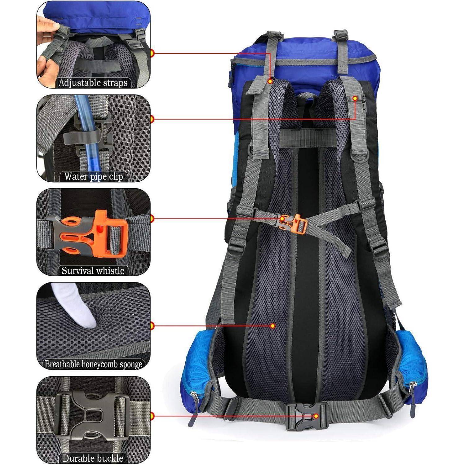 Rucksack mit Funktionen: verstellbare Riemen, Wasserrohrclip, Überlebens-Trillerpfeife, atmungsaktiver Wabenschwamm und robuster Schnalle im Detail dargestellt.