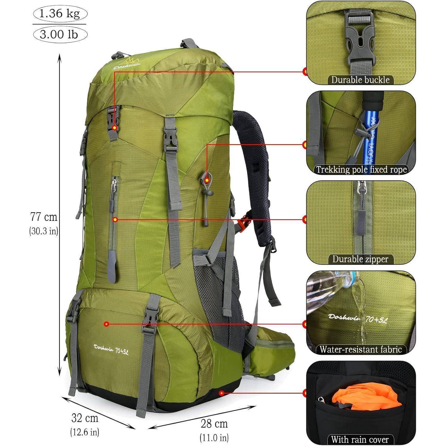 Grüner Wanderrucksack mit Abmessungen 77x32x28 cm, mit Hervorhebung folgender Eigenschaften: robuste Schnalle, Befestigungsseil für Trekkingstöcke, strapazierfähiger Reißverschluss, wasserfestes Gewebe und mitgelieferter Regenschutzüberzug.