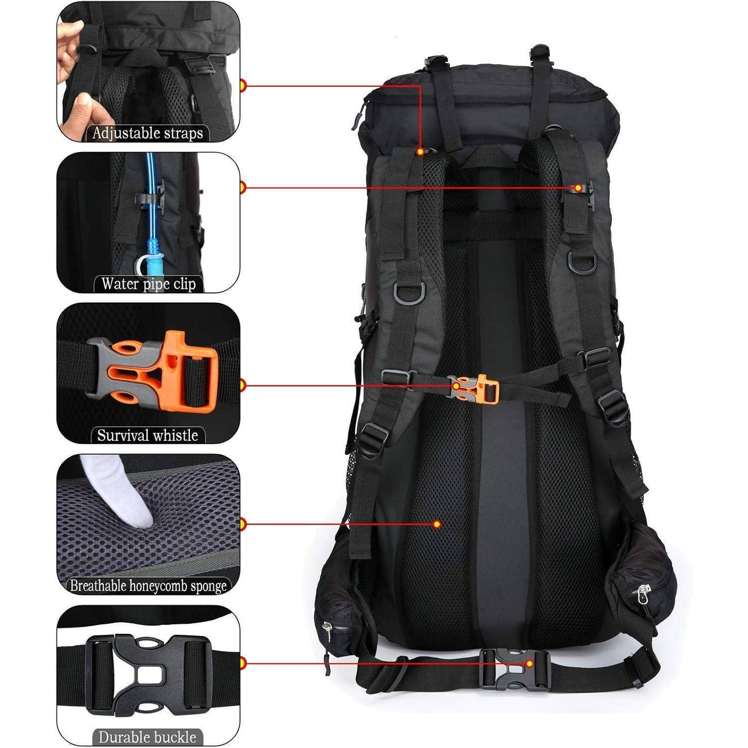 Ein schwarzer Wanderrucksack mit orangefarbenen Schnallen, verstellbaren Trägern, atmungsaktivem Schwammaterial, einer Trillerpfeife, einer Wasserrohrhalterung und robusten Schnallen.