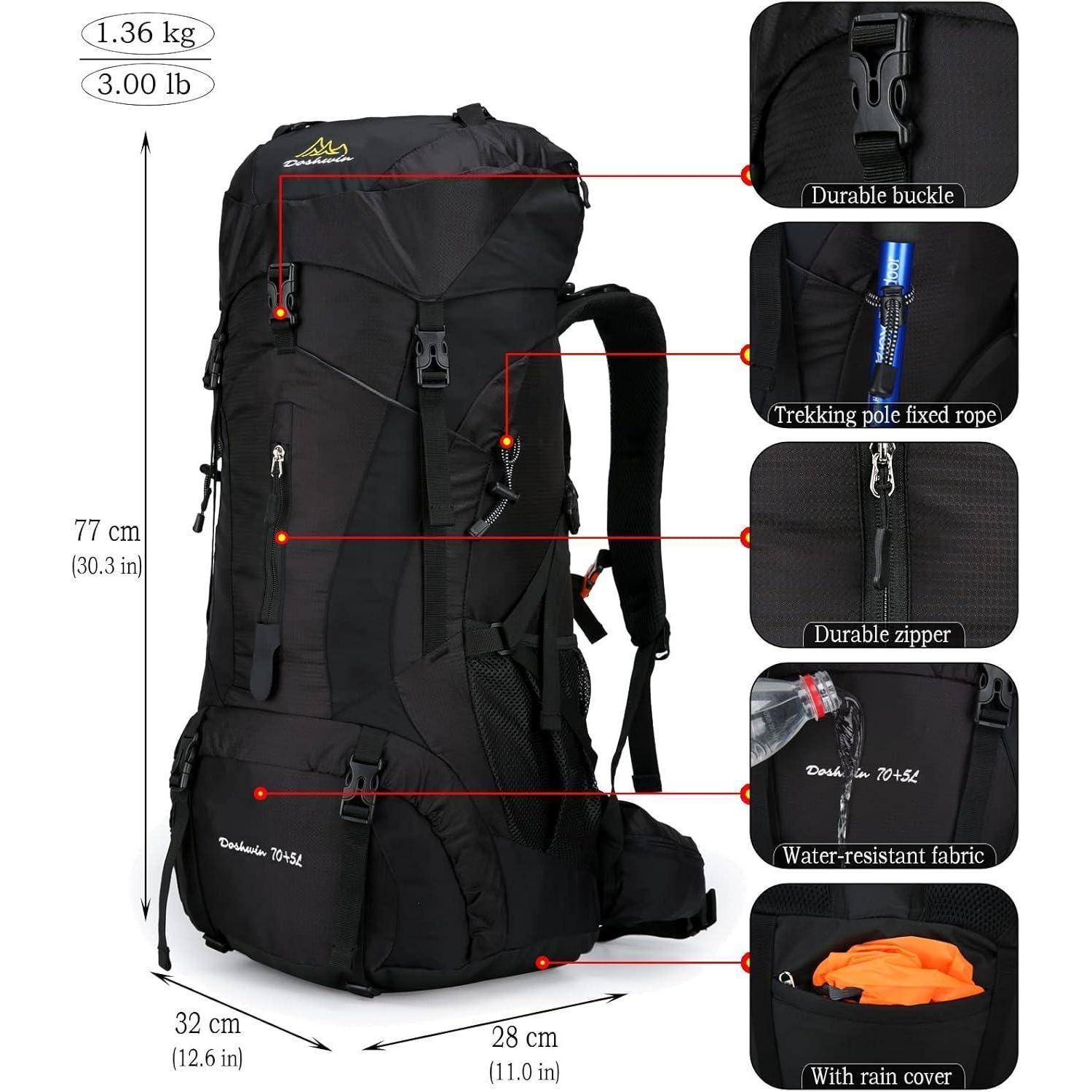 Ein schwarzer Wanderrucksack mit beschrifteten Funktionen: robuste Schnalle, Trekkingstock-Befestigungsschlaufe, strapazierfähiger Reißverschluss, wasserabweisender Stoff, Regenschutzüberzug. Maße: 77x32x28 cm. Gewicht: 1,36 kg.