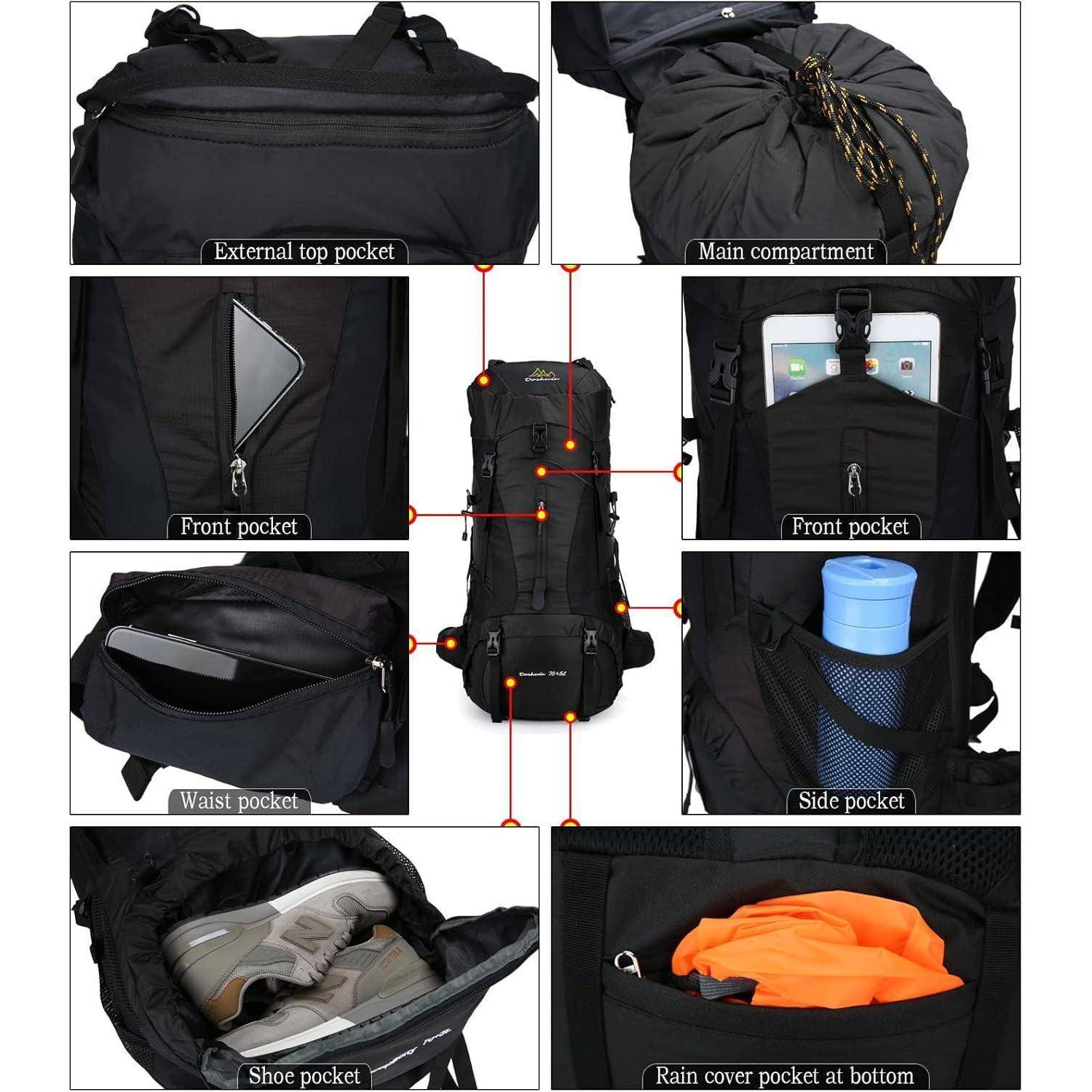 Rucksack mit Eigenschaften: externes Oberfach, Hauptfach, Vordertasche, Hüfttasche, Schuhfach, Regenschutz am Boden.