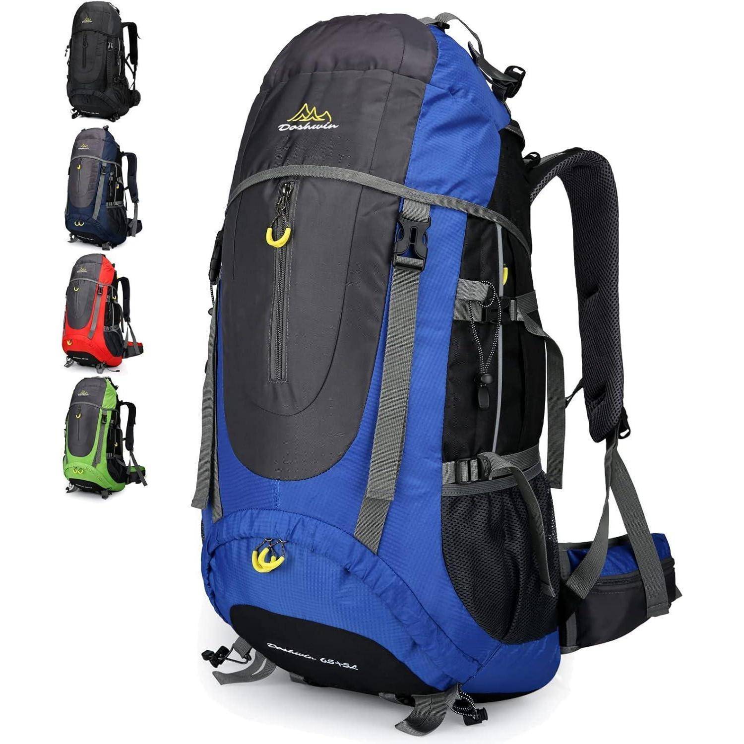 Ein großer, blauer Wanderrucksack mit mehreren Fächern, Seitentaschen und verstellbaren Trägern. Kleinere Bilder von schwarzen, roten und grünen Rucksäcken sind daneben abgebildet.