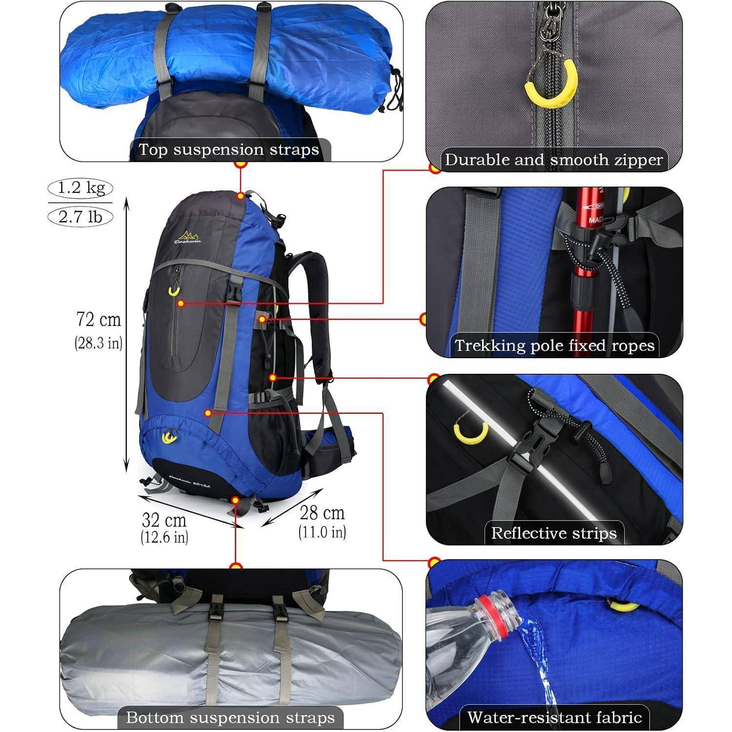 Blauer Wanderrucksack mit Schulterträgern, strapazierfähigen Reißverschlüssen, Trekkingstock-Befestigungsschlaufen, reflektierenden Streifen und wasserabweisendem Gewebe. Kapazität: 72x32x28 cm (28,3x12,6x11 Zoll), Gewicht: 1,2 kg (2,7 lb).