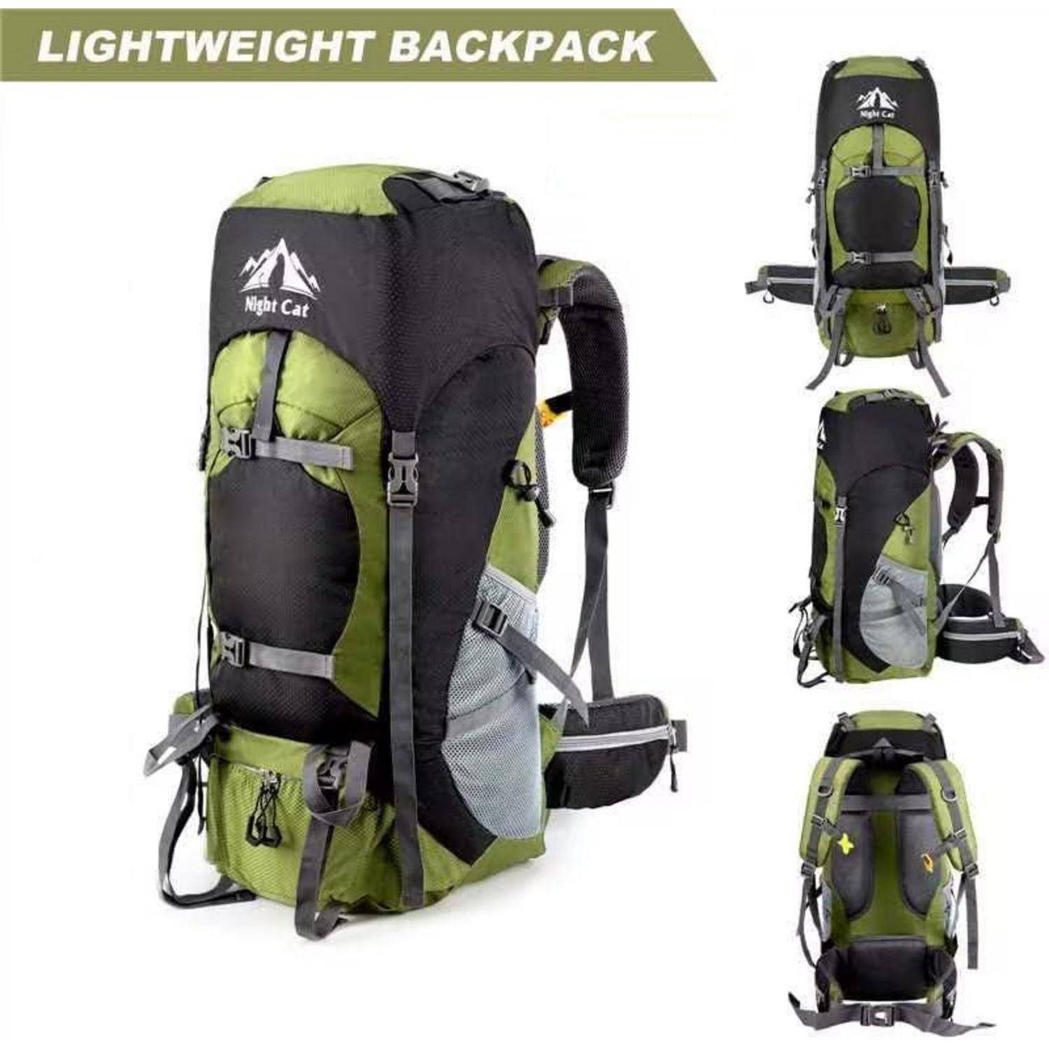 Grüner und schwarzer Campingrucksack mit mehreren Taschen und verstellbaren Trägern, mit der Aufschrift 'Night Cat'; vier Winkel zur Detailansicht gezeigt.