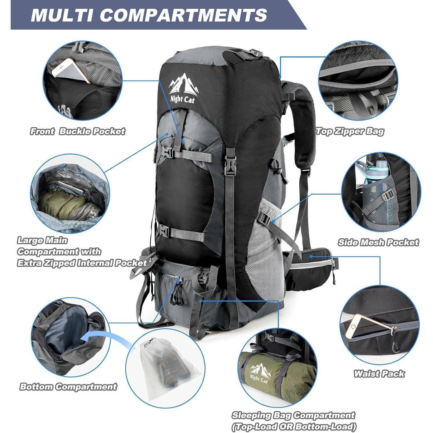 Night Cat Trekkingrucksack 90L Herren Damen Schwarz