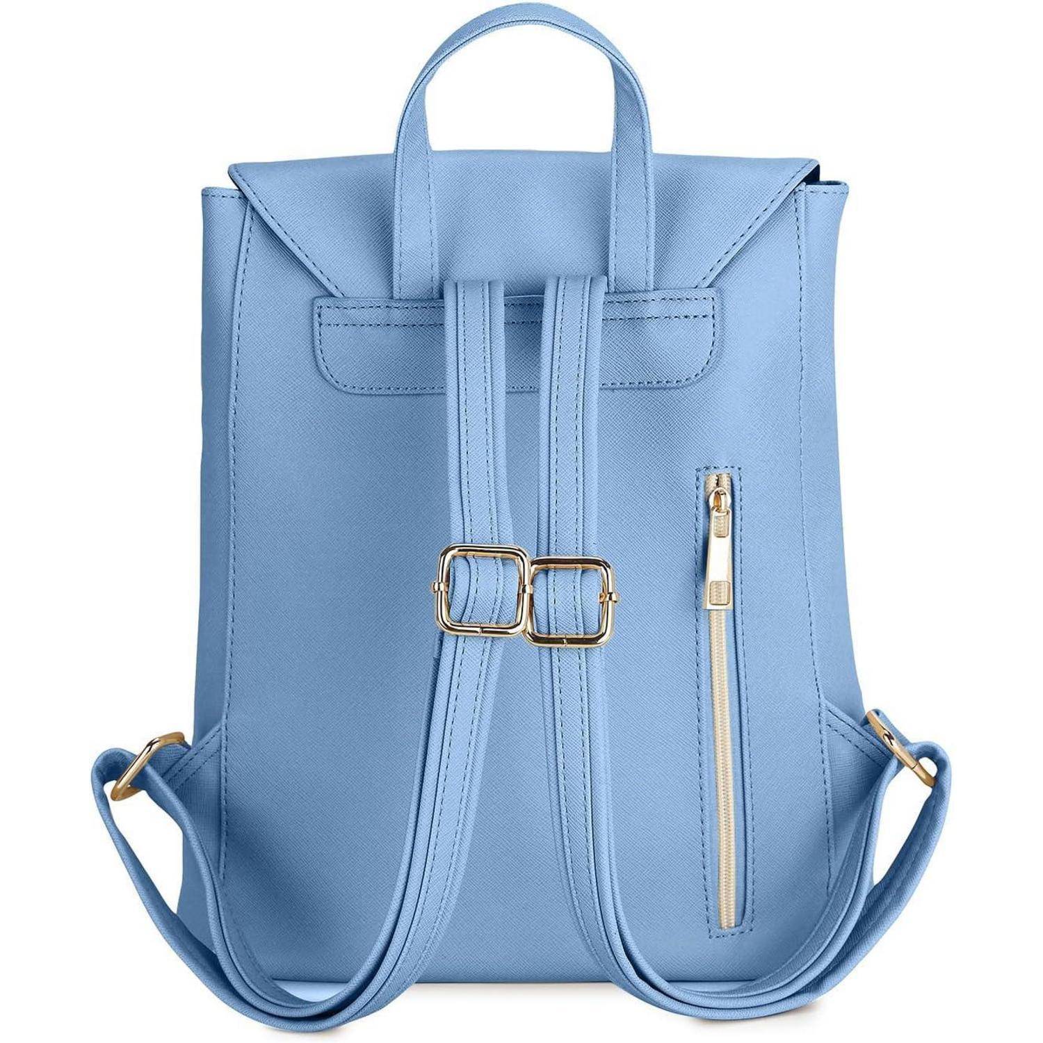 Ein hellblauer Rucksack mit verstellbaren Trägern und einer Reißverschlusstasche auf der Rückseite, der Stil und Funktionalität vereint.