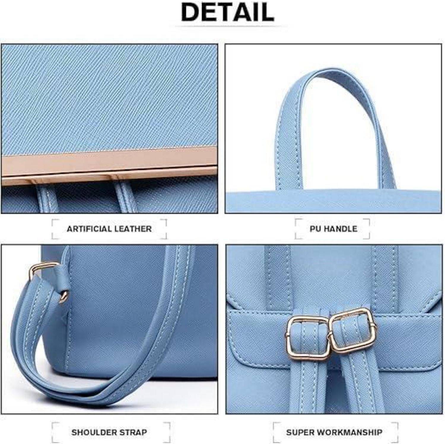 Das Bild zeigt Details einer blauen Handtasche: Kunstleder-Textur, PU-Griff, Schulterriemen und hochwertige Verarbeitung mit Ziernähten.
